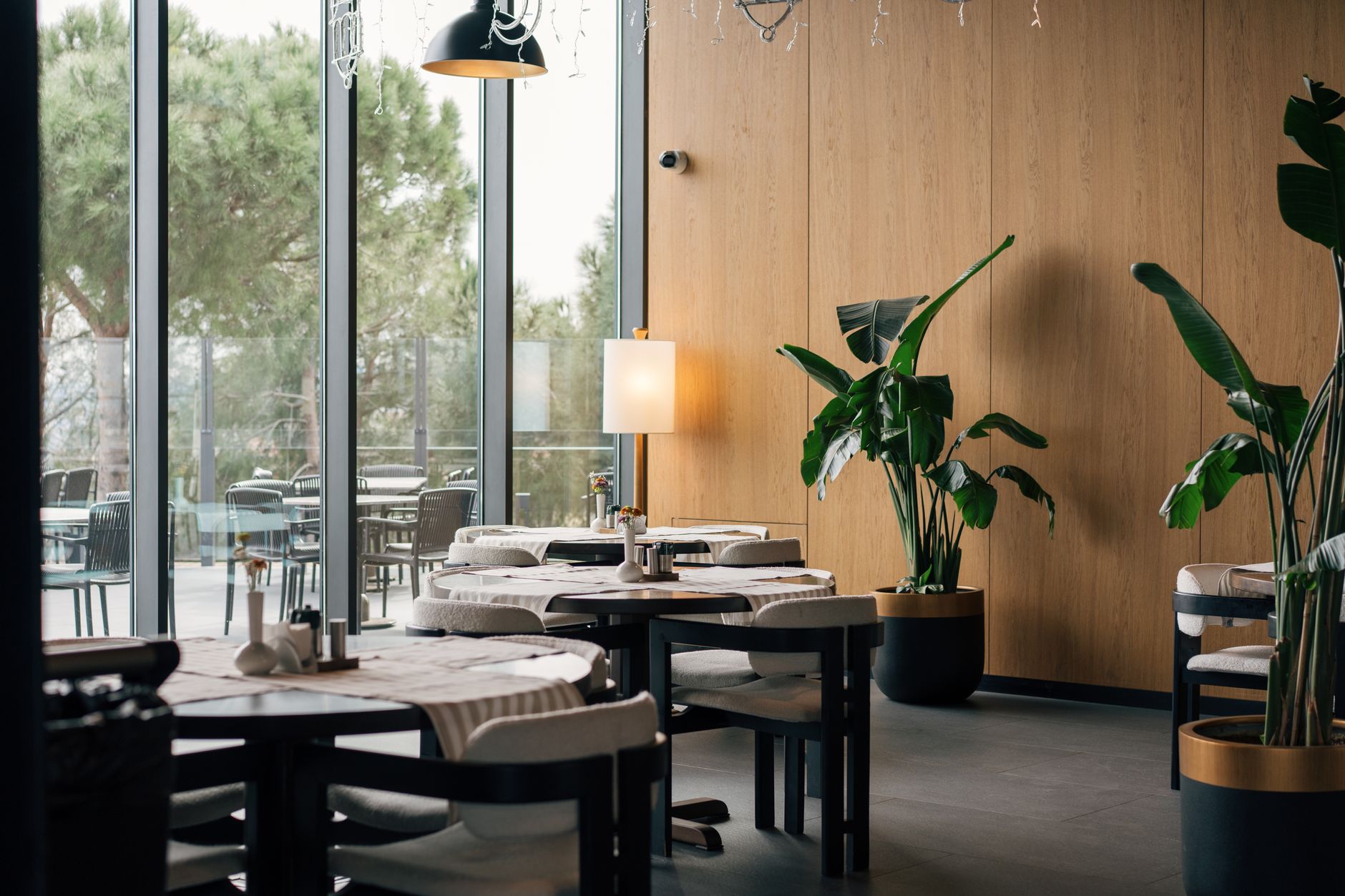 A stylish dining space featuring large windows, plants, and comfortable seating.