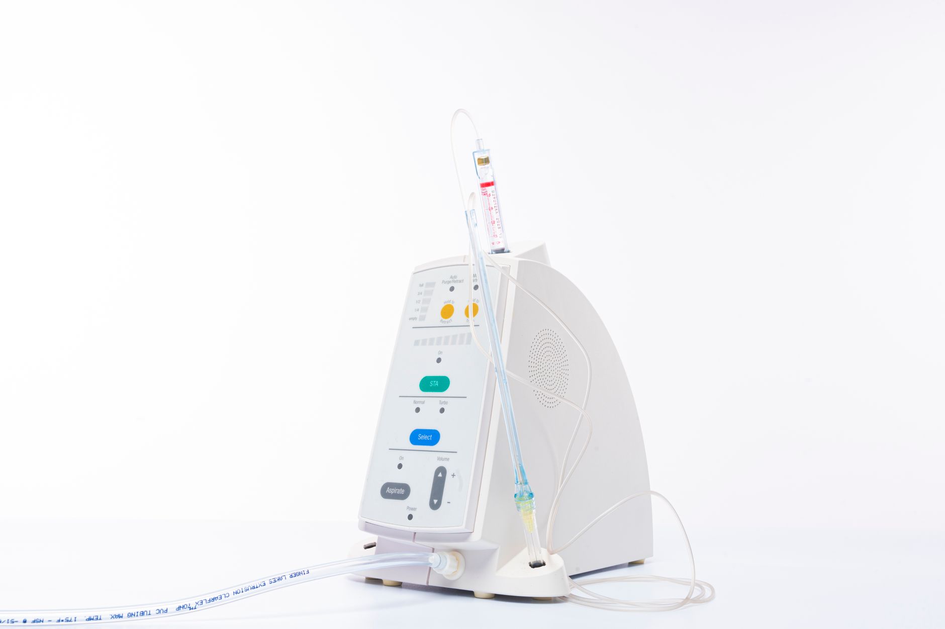 Close-up of a PCA pump used for patient pain management, showcasing controls and tubing.