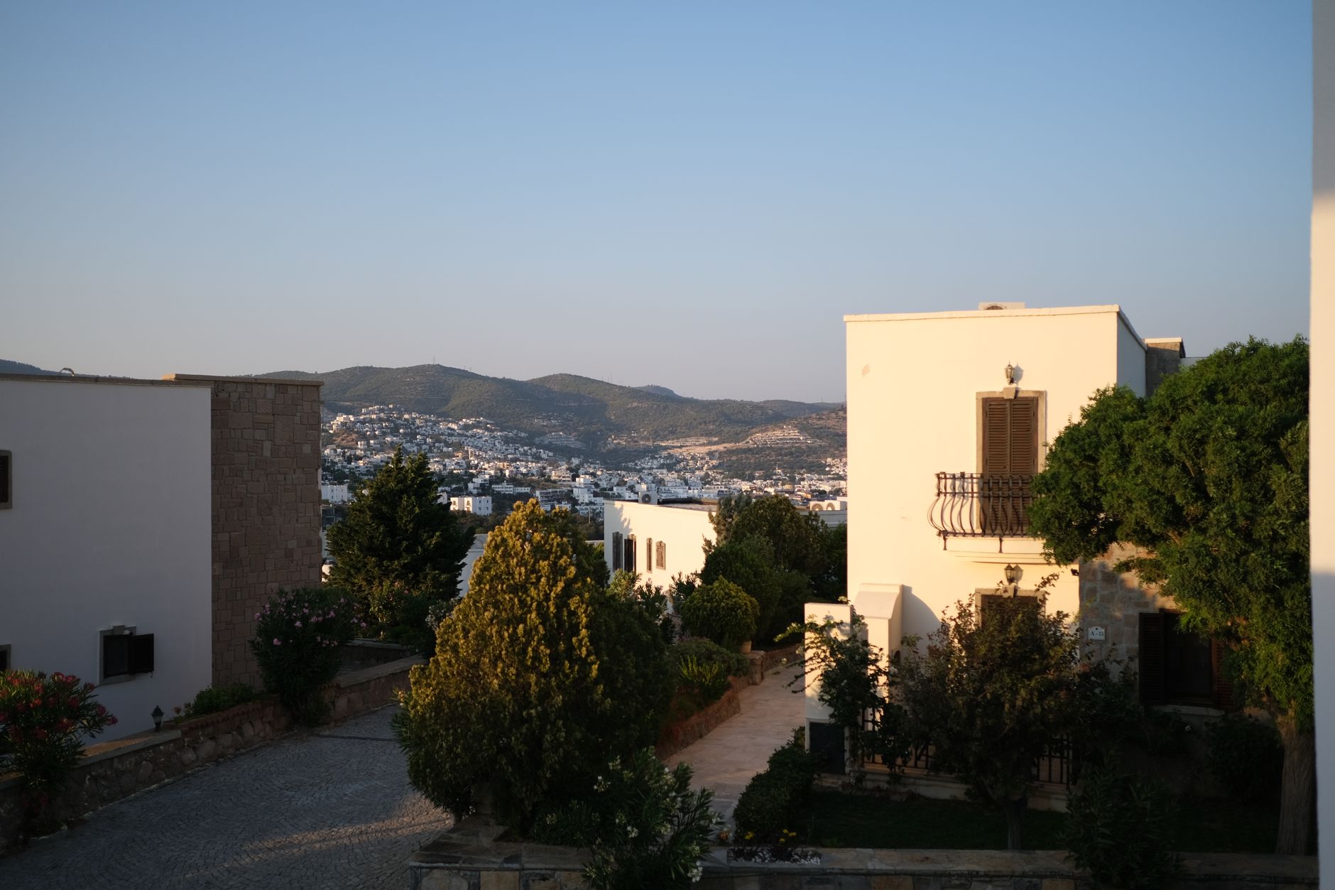 Bodrum'da beyaz evler ve gür yeşilliklerle çevrili huzurlu bir dar sokak.