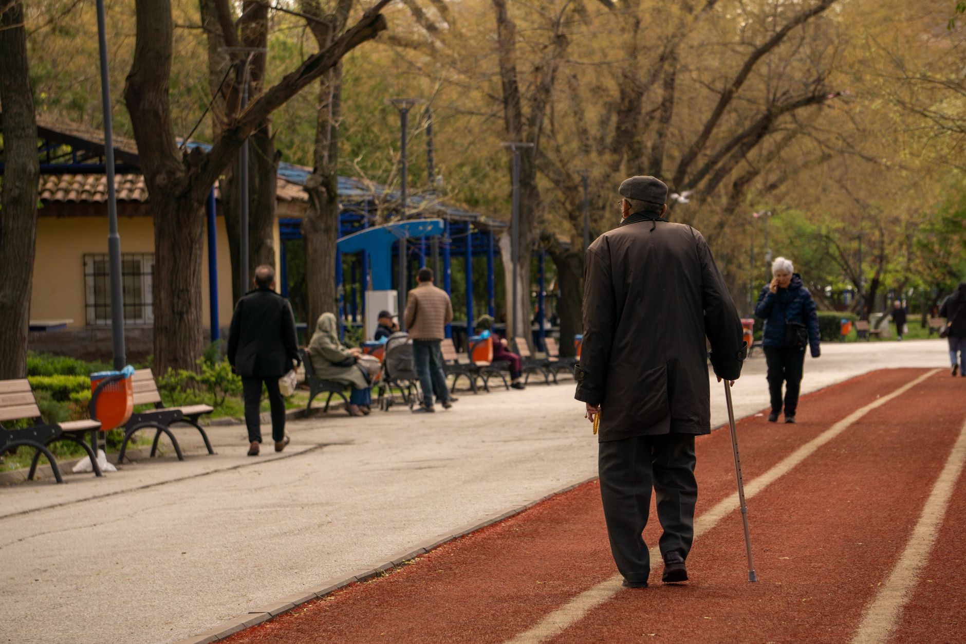 An elderly man walks with a cane in a peaceful park, surrounded by trees and benches, enjoying a calm outdoor atmosphere.