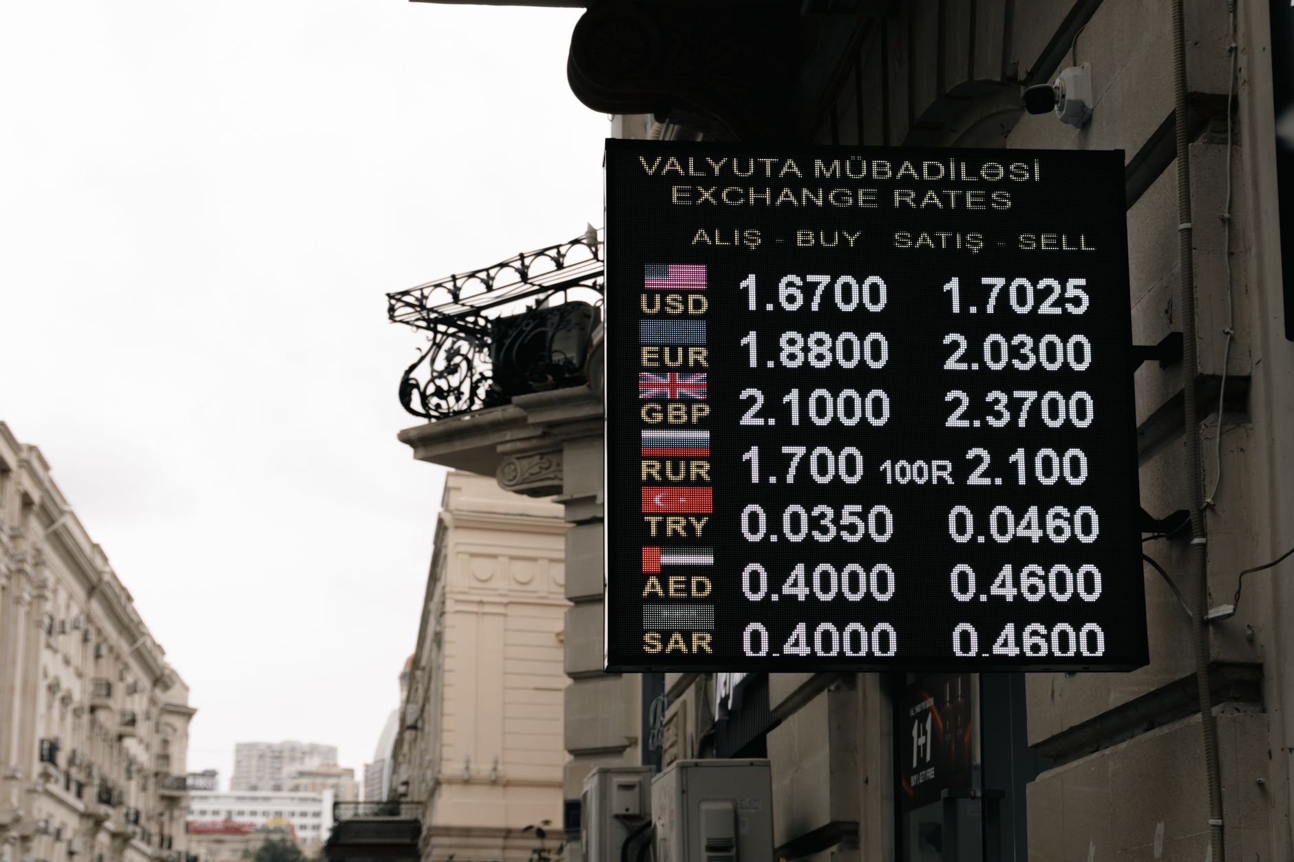 Digital board showing currency exchange rates at a döviz bürosu in Istanbul.