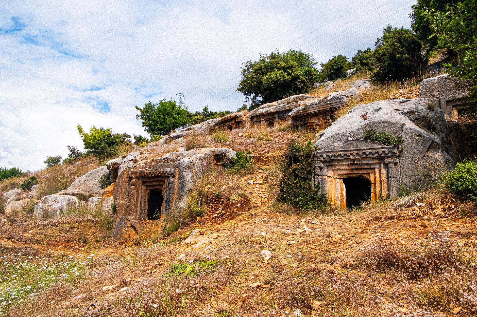 Çimenli bir yayla ortamında aslan kabartmalı, aşınmış kayaya oyulmuş mezarlar.