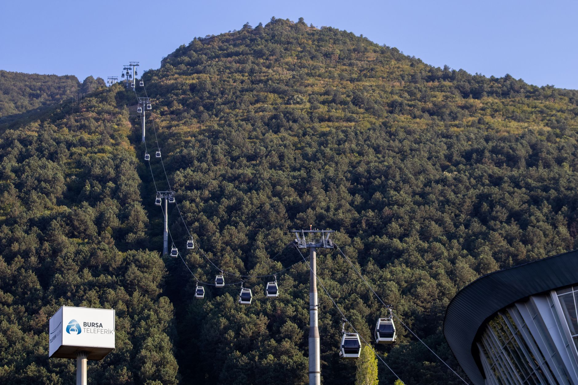 Cable cars ascend the green slopes of Bursa, surrounded by lush forest.