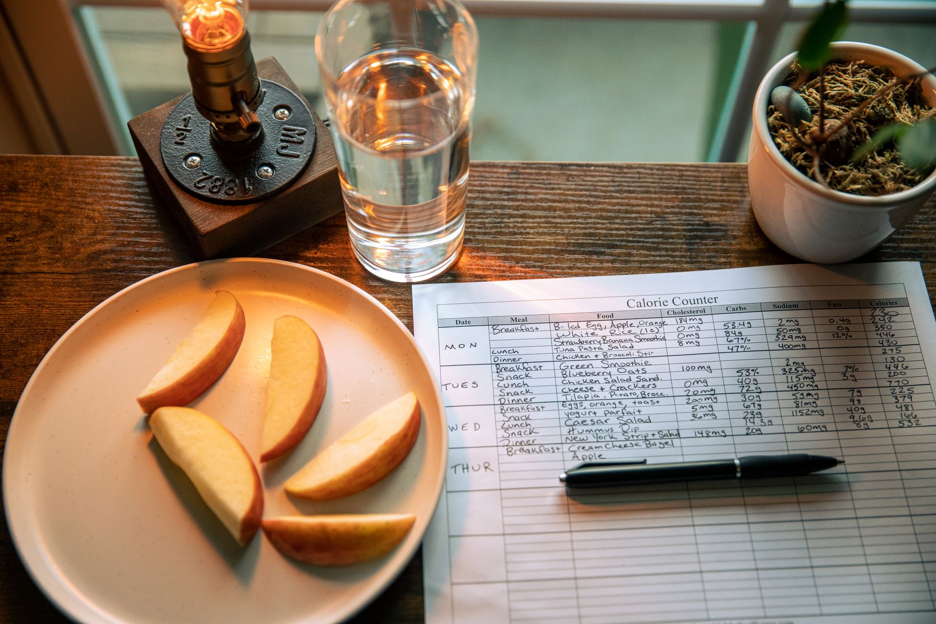 Colorful apple slices on a plate beside a calorie counter sheet and glass of water.