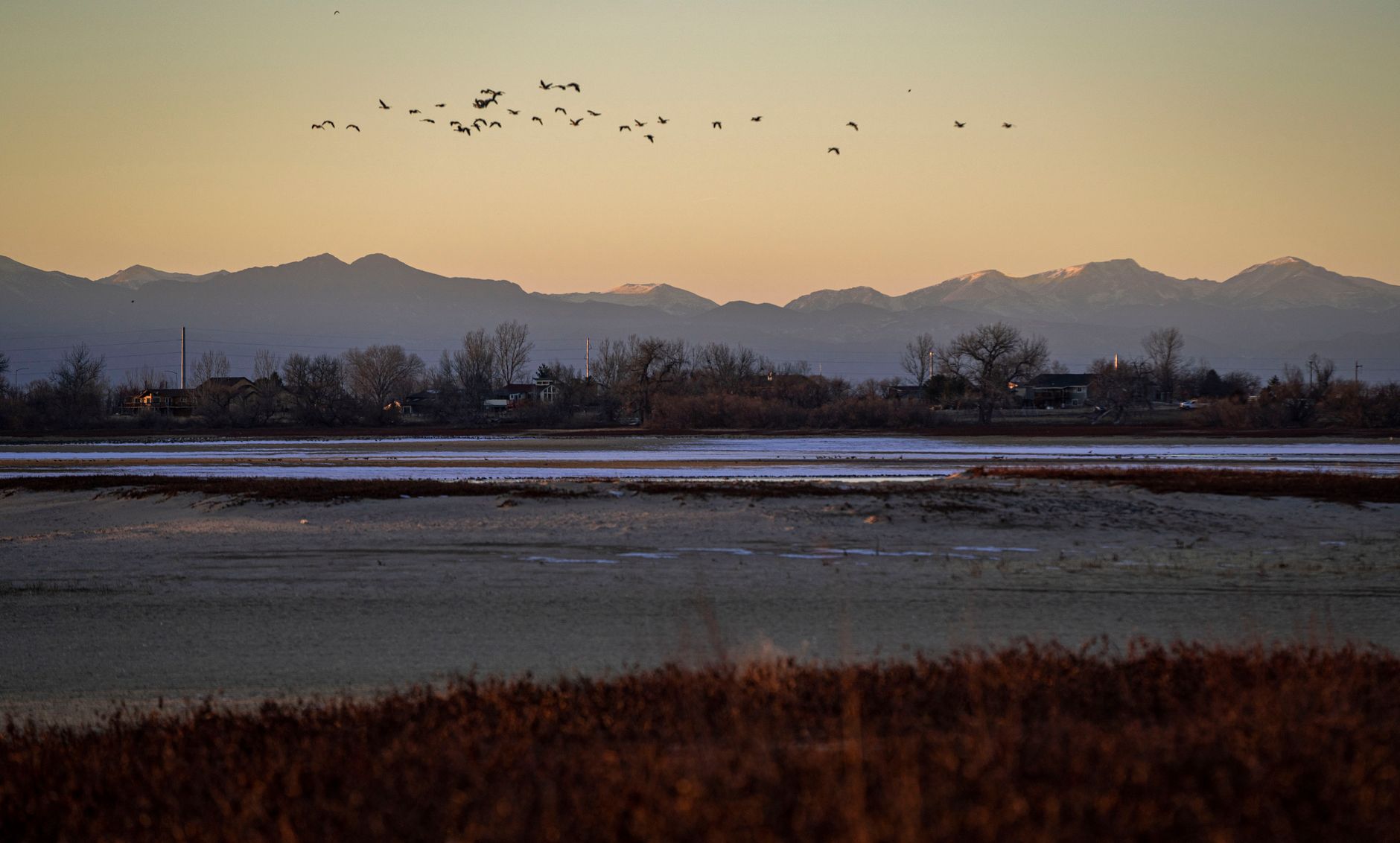 A beautiful sunrise in the delta with waterbirds flying and mountains in the background.