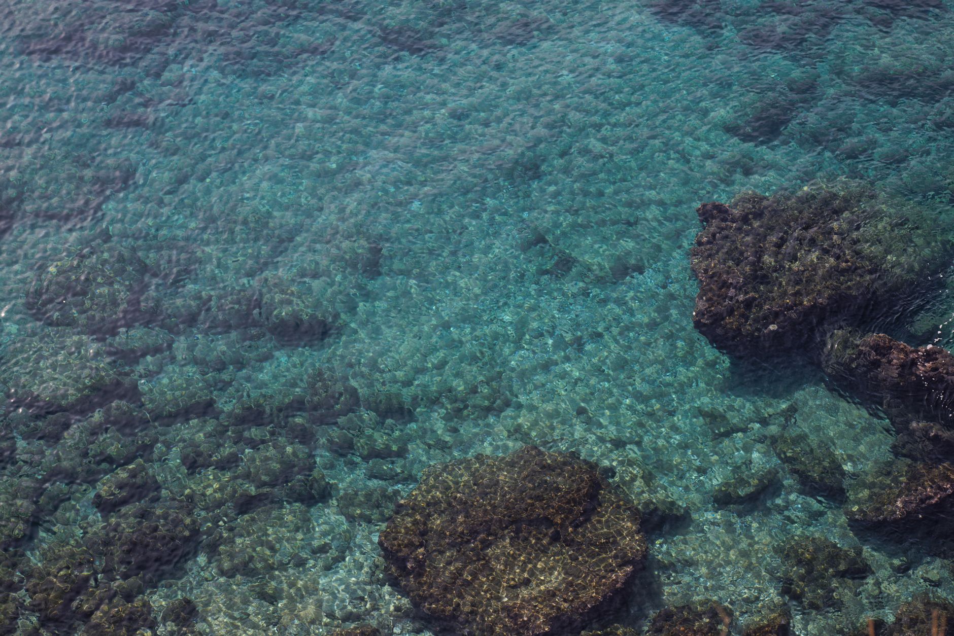A serene view of clear waters revealing rocky seabed in Karaburun Cove.