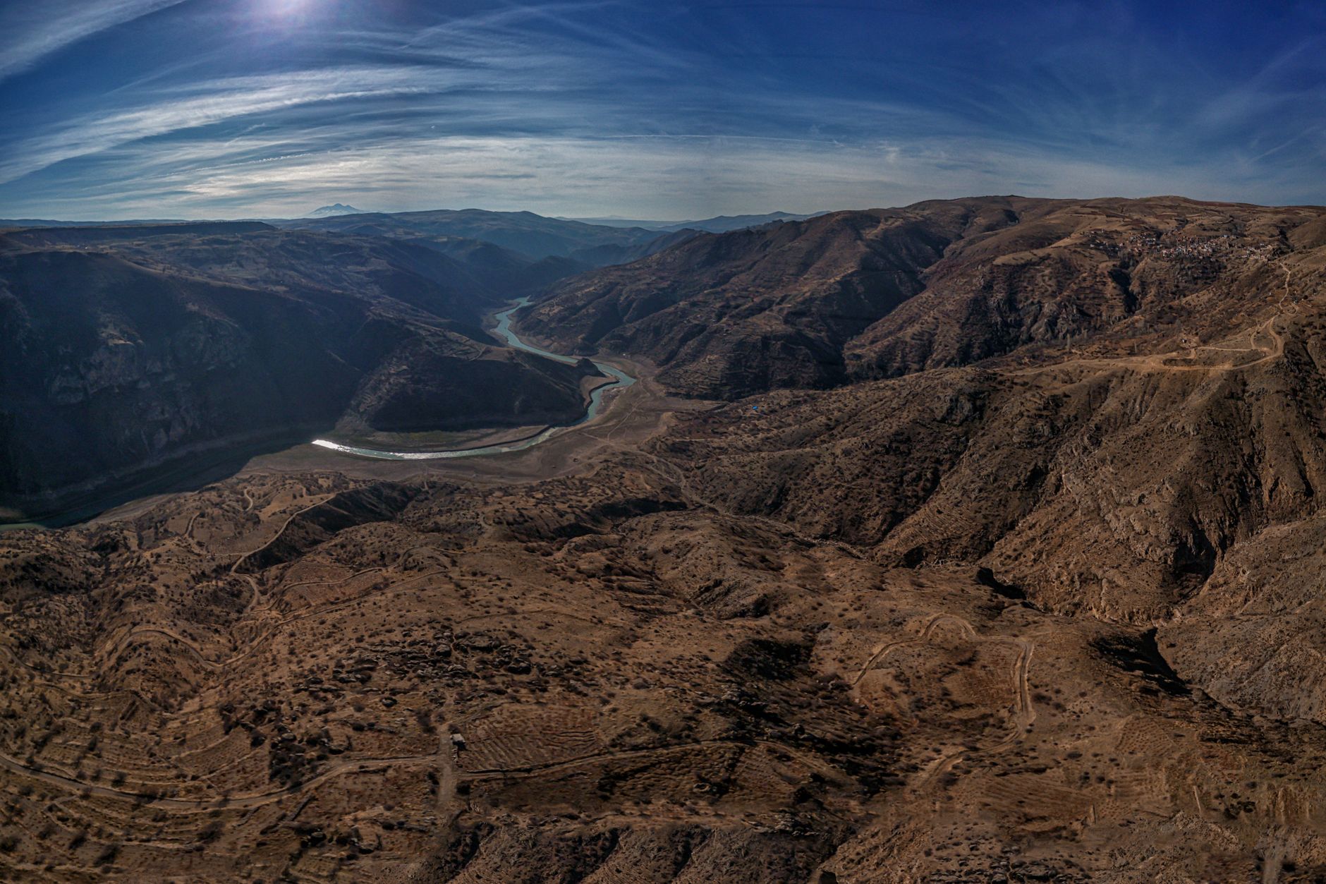 Aerial view of a dramatic canyon with winding river in Küre Mountains National Park.