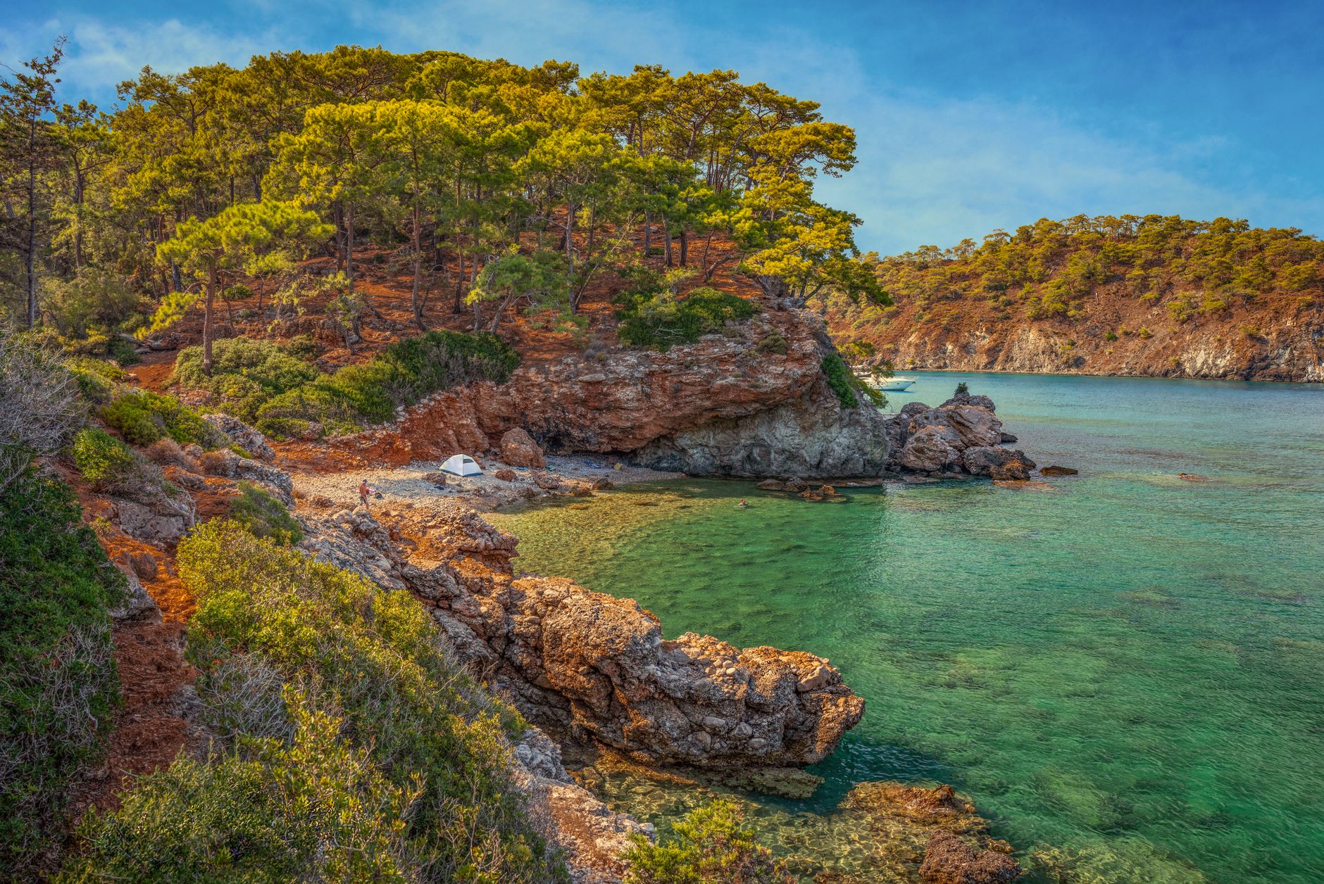 A tranquil view of the Turkish Mediterranean coast, featuring pine trees, clear waters, and rocky shores.