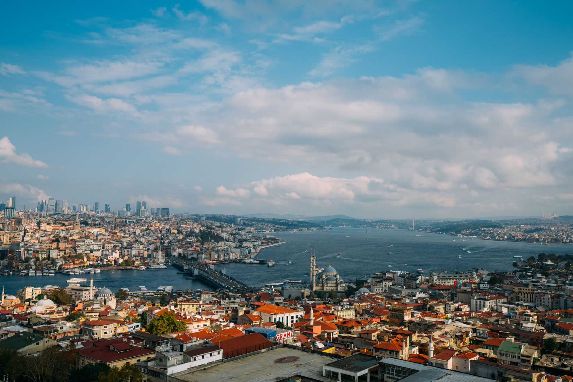 Panoramic view of Istanbul showcasing the Bosphorus, city buildings, and vibrant rooftops.