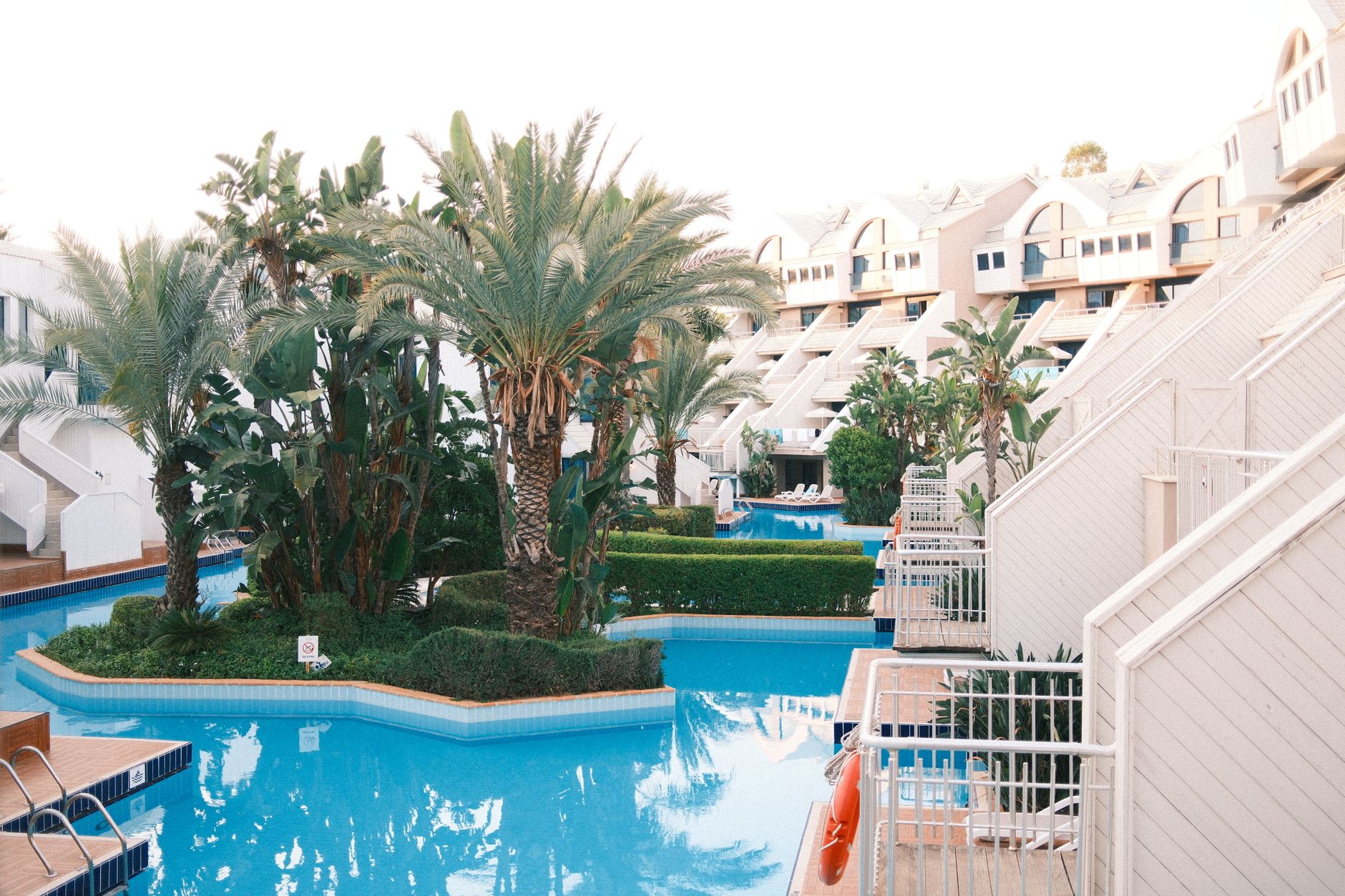 Beş yıldızlı bir tatil köyünde palmiye ağaçları ve şezlonglarla dolu güzel havuz alanı.