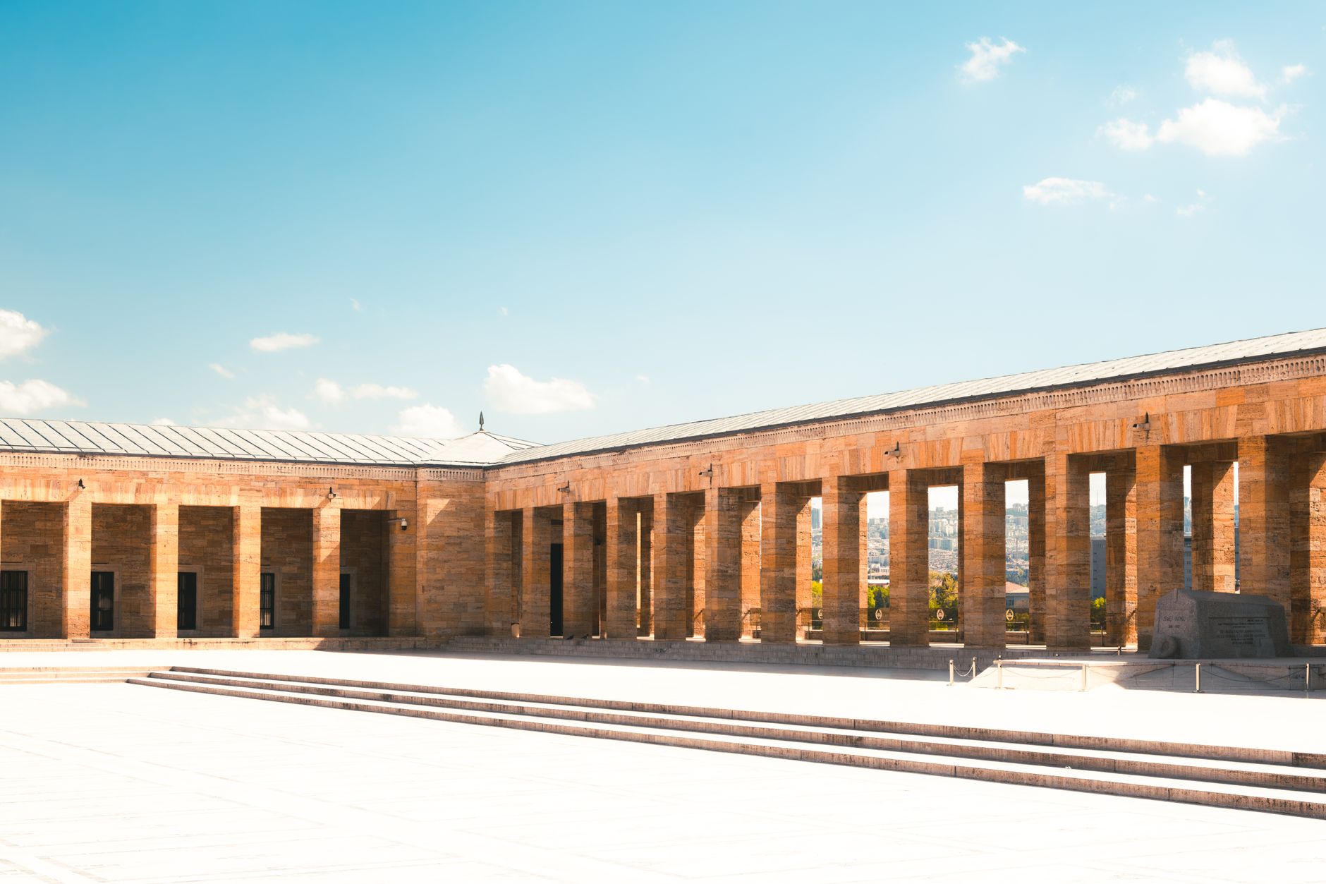 Exterior view of the Atatürk Mausoleum in Ankara, showcasing its grand architecture and serene atmosphere.