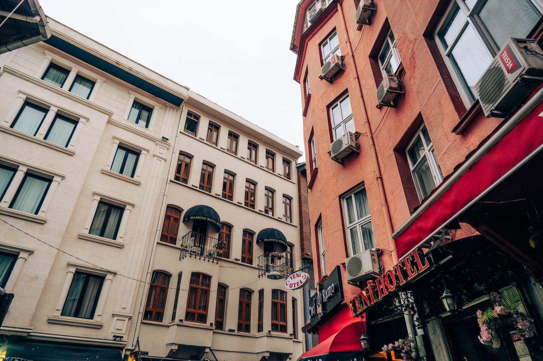 View of a cozy hotel corner in Istanbul featuring unique architecture and welcoming atmosphere.