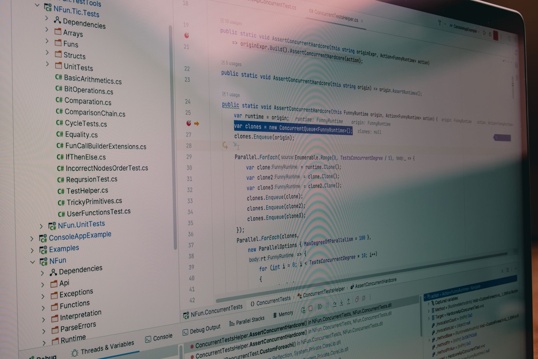 Close-up of C# code on a monitor, part of a computerised test during a neuropsychological assessment.