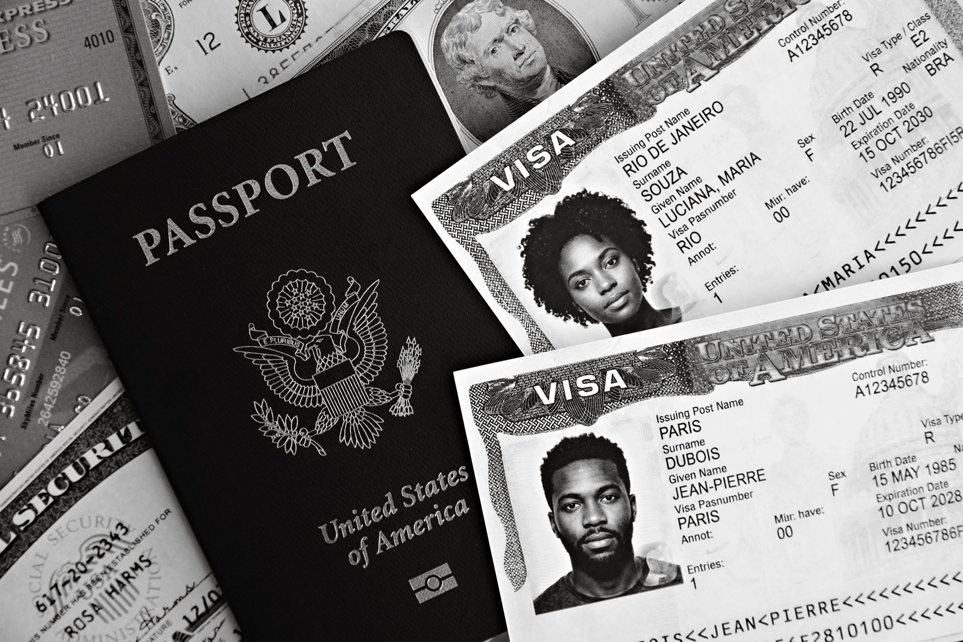 A US passport and two visas from Brazil and France, arranged on a surface with currency.