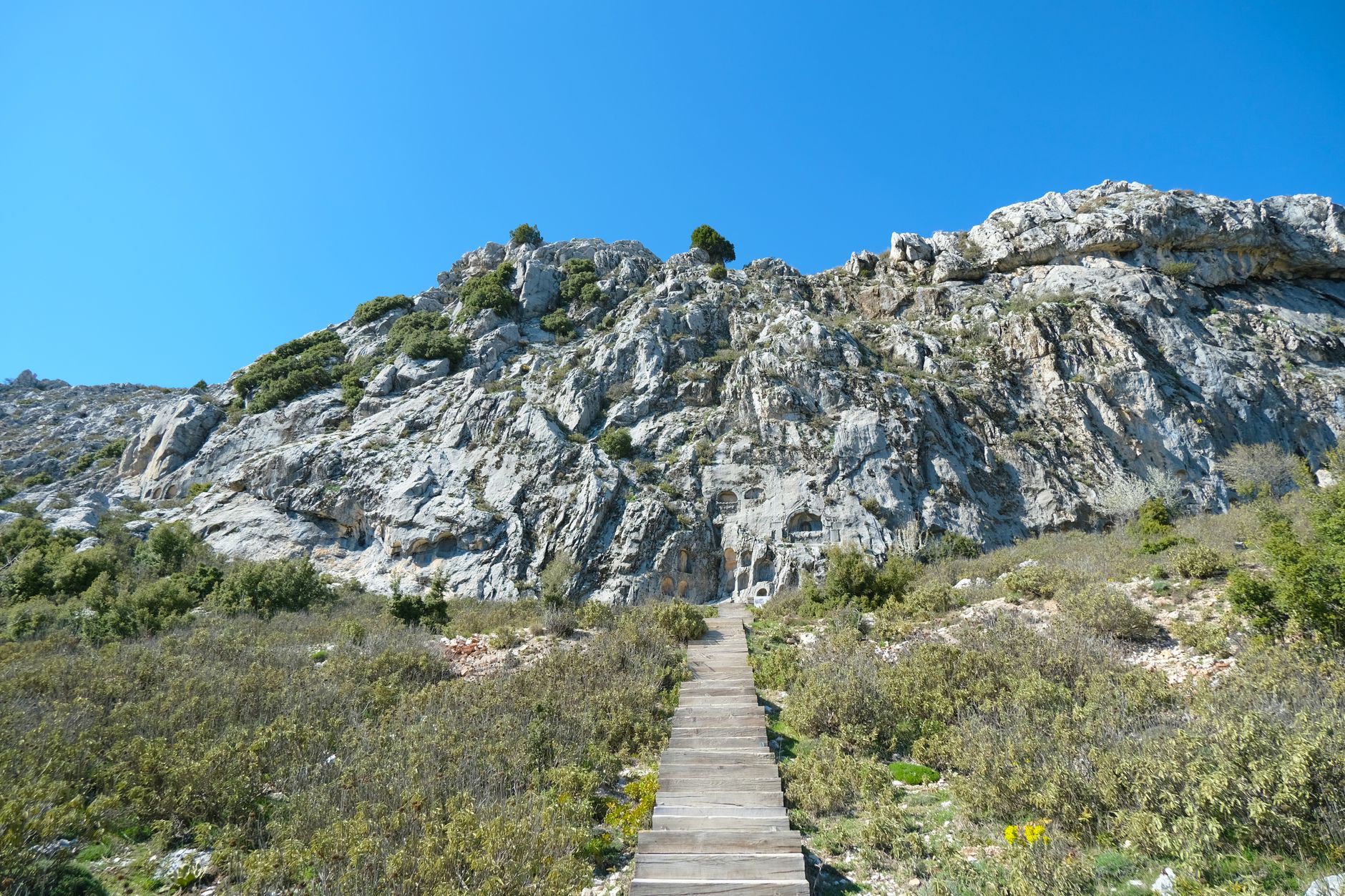 Sagalassos'ta yeşilliklerle kaplı kayalık bir yamaca çıkan ahşap merdivenler.