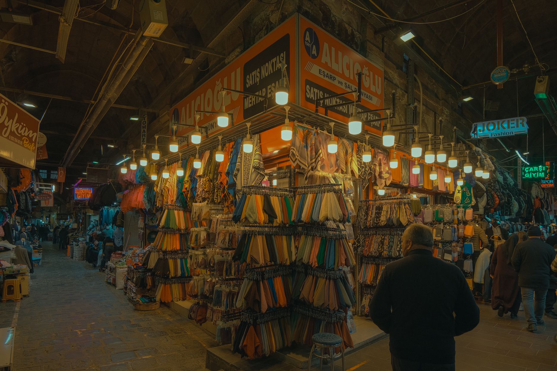 A peaceful stroll through the vibrant covered bazaar in Kayseri, showcasing colorful shawls and local shops.