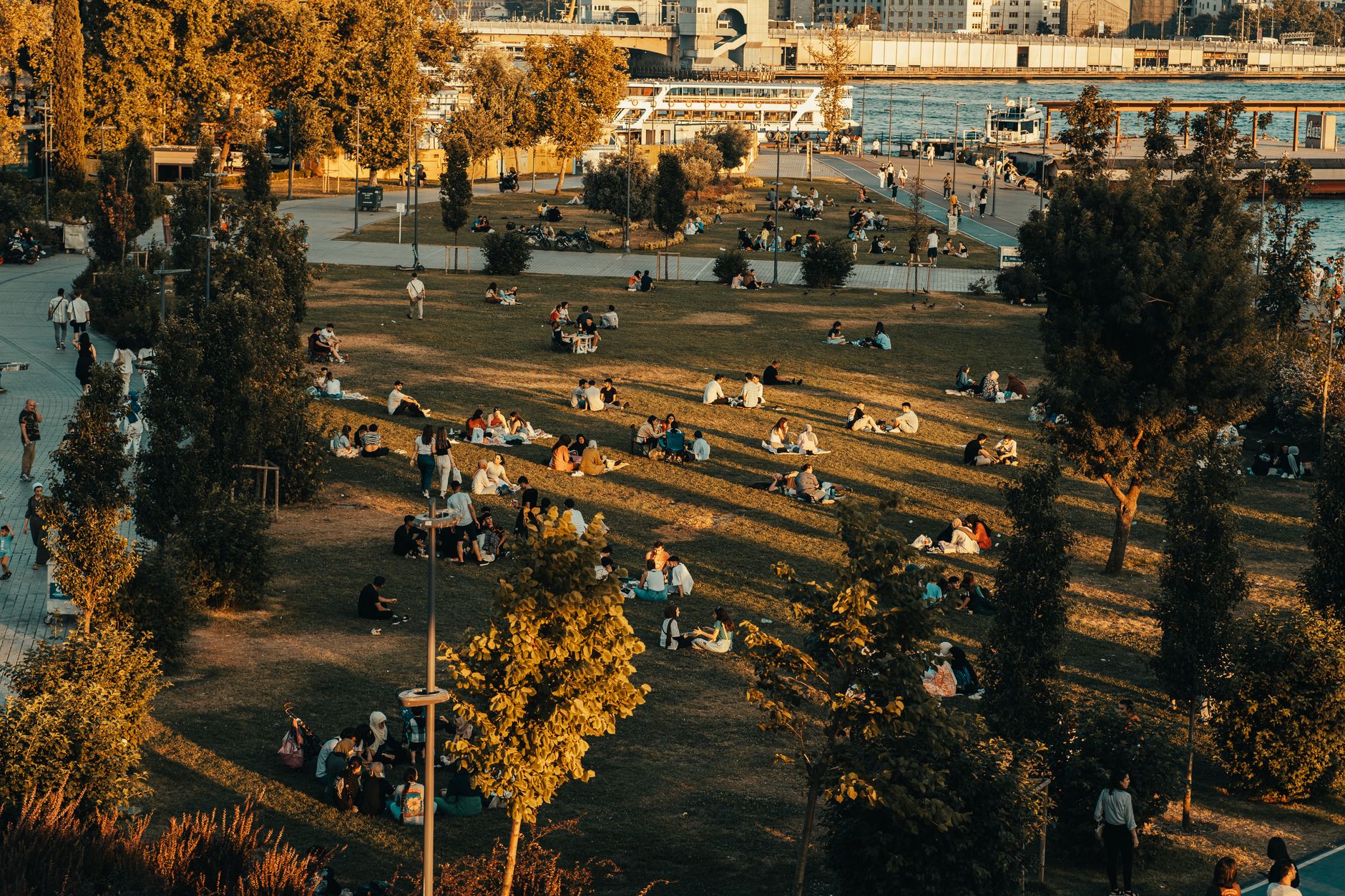 Anadolu'da ağaçların altında uzanan ve sohbet eden ailelerin olduğu çimenlik bir park.