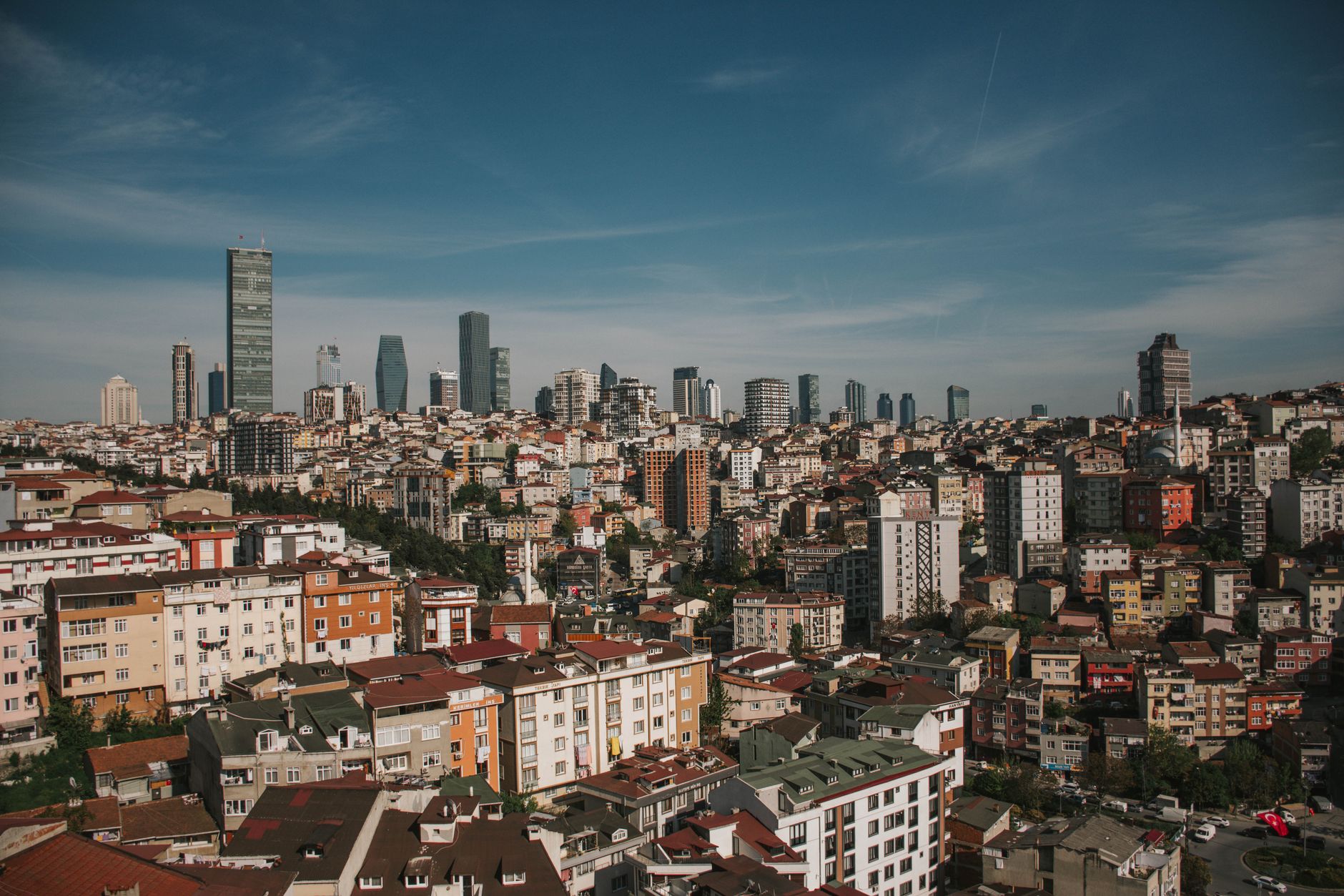 Aerial view of Istanbul's medical district featuring hospital buildings and a skyline of modern skyscrapers.