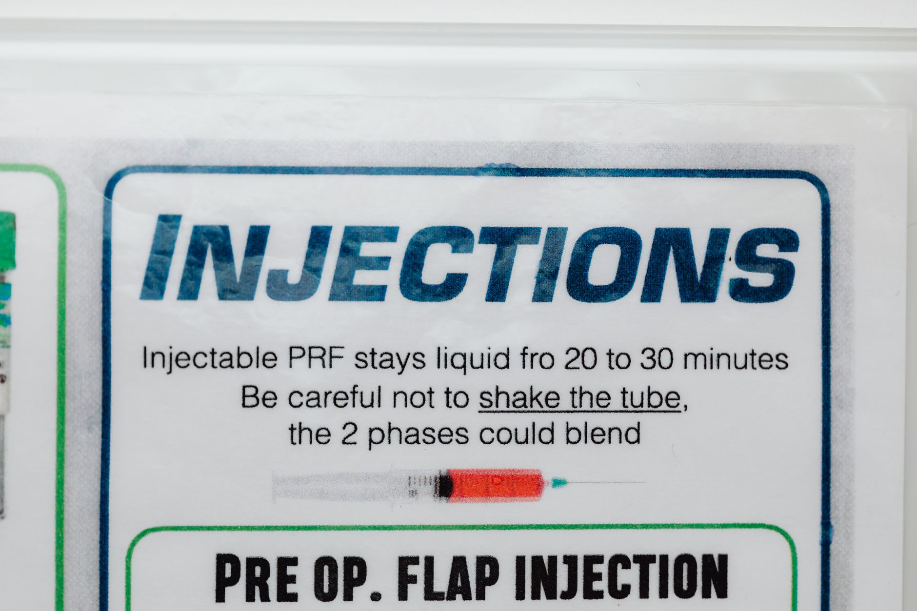 Instructions for injectable PRF, noting liquid stability and handling precautions.