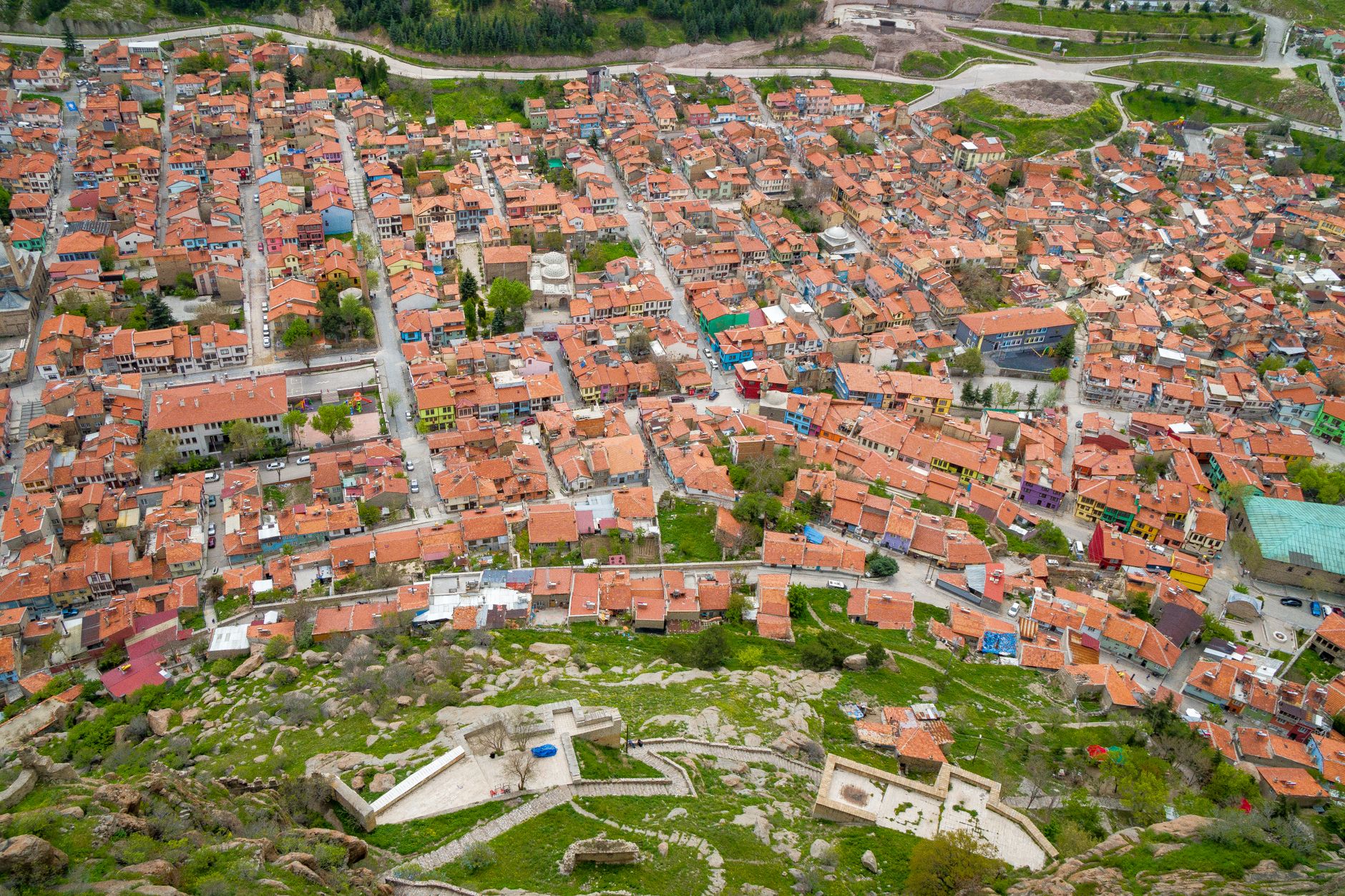 Aerial perspective of colorful rooftops in Afyonkarahisar, showcasing its thermal resort area.
