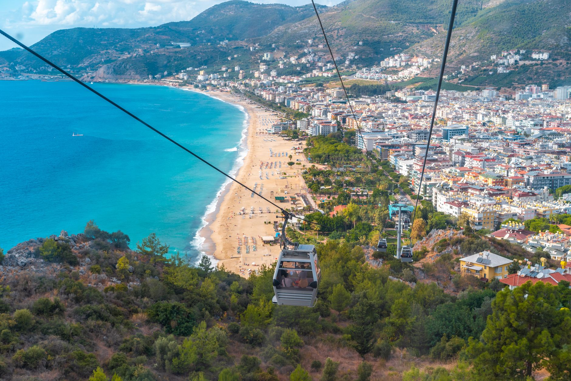Aerial view of Cleopatra Beach in Alanya, Turkey, with a cable car and vibrant blue waters.