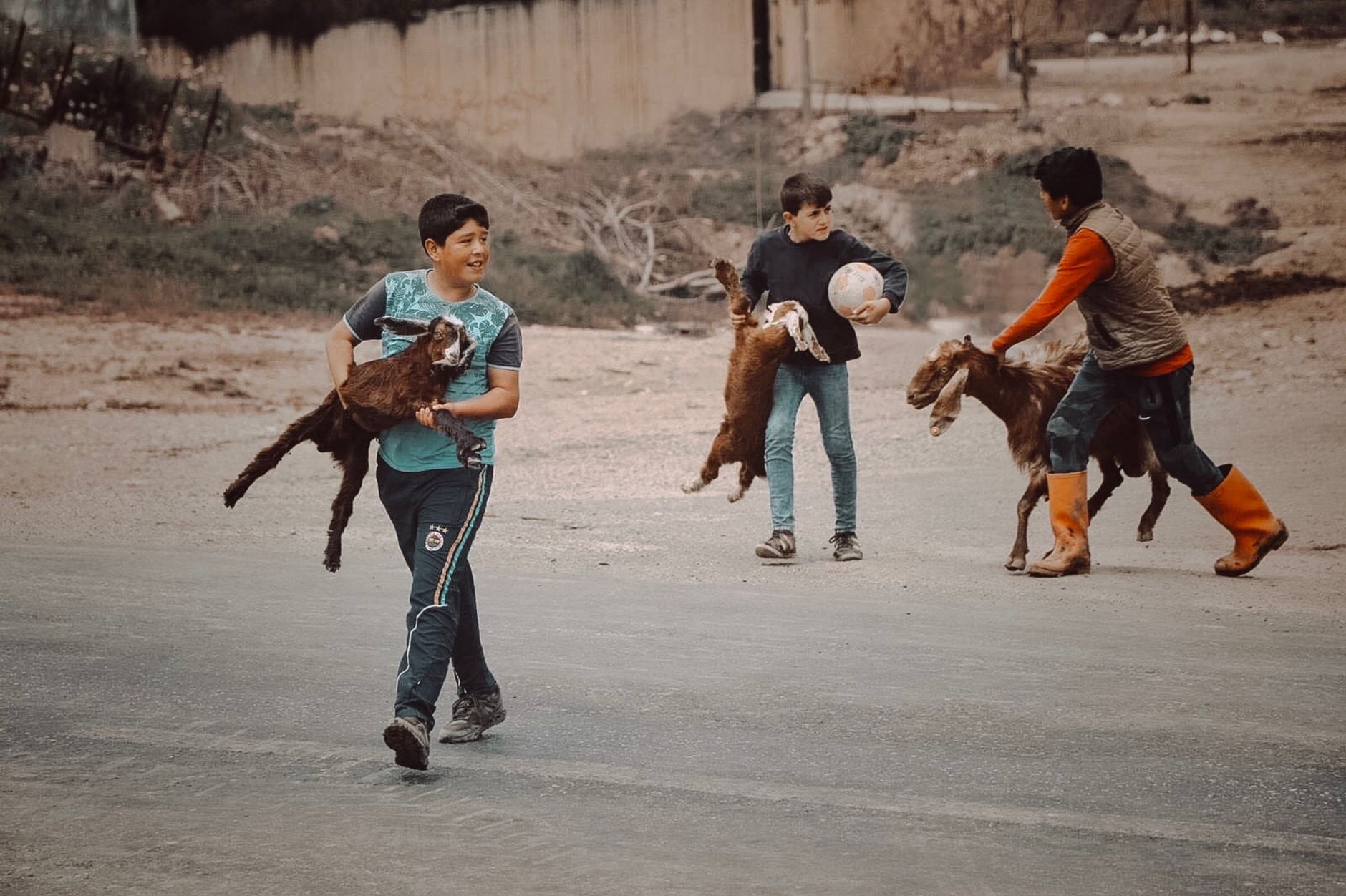 گروهی از کودکان در میدان روستایی در ترکیه که با بزها بازی می‌کنند و از وقت خود در فضای باز لذت می‌برند.