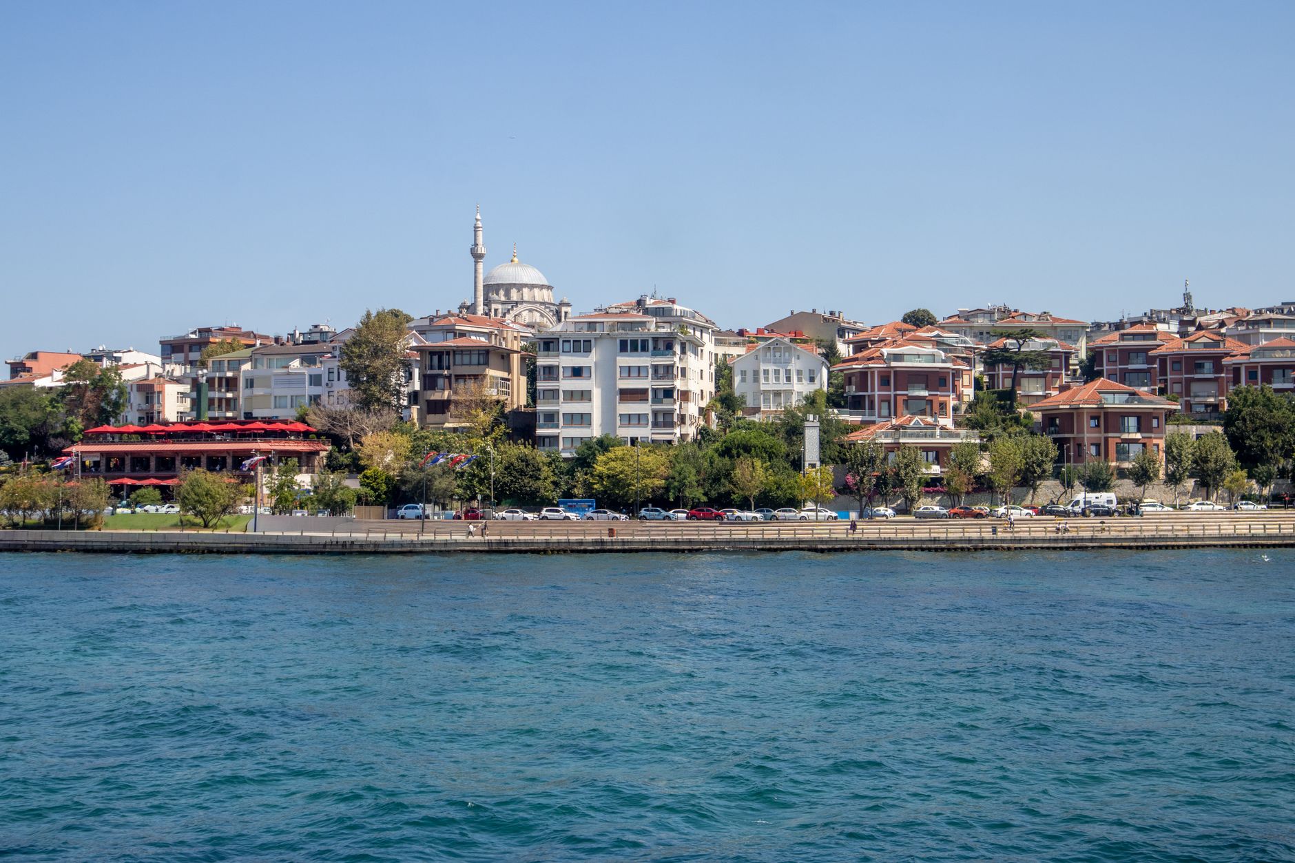 A picturesque view of the Bosphorus in Istanbul, featuring waterfront homes and a mosque.