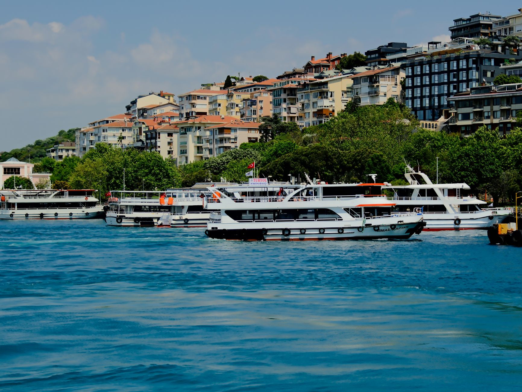 Several boats docked along the Bosphorus in Istanbul, surrounded by greenery.