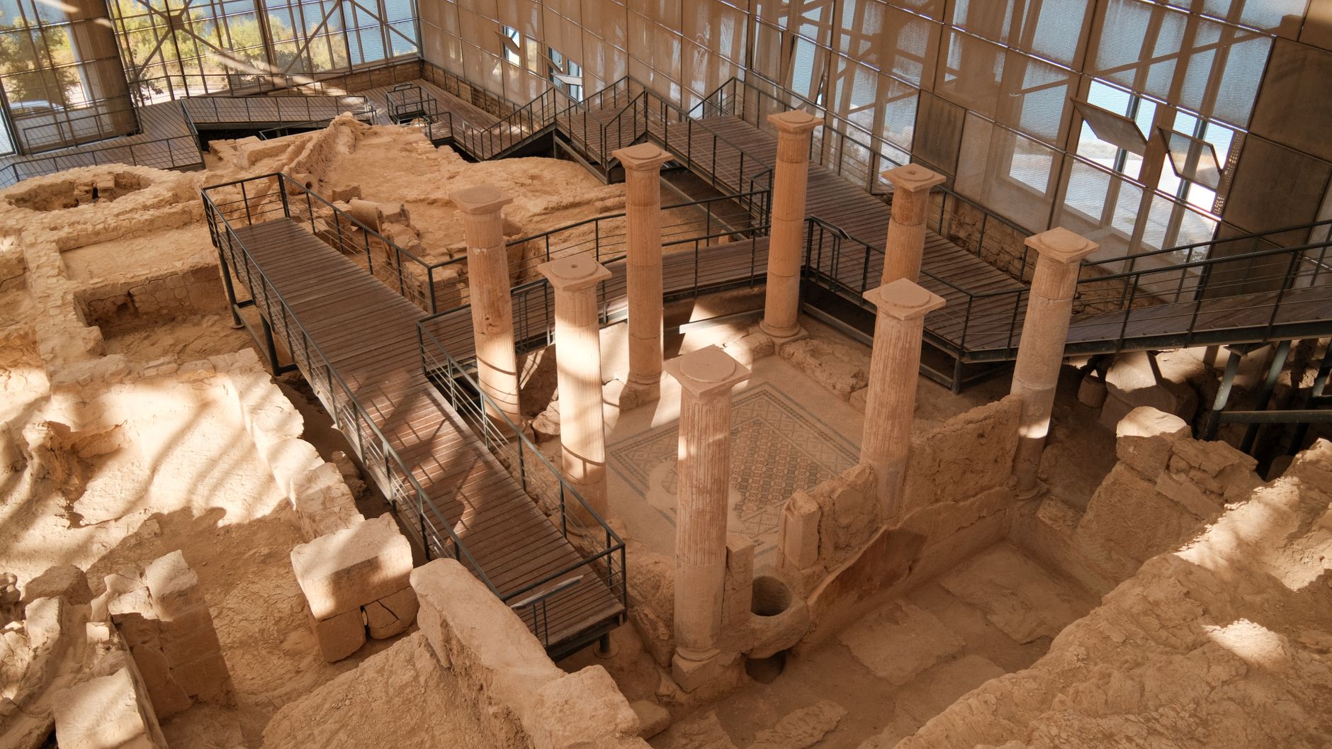 View of the mosaic museum in Gaziantep featuring ancient Roman columns and intricate floor mosaics.