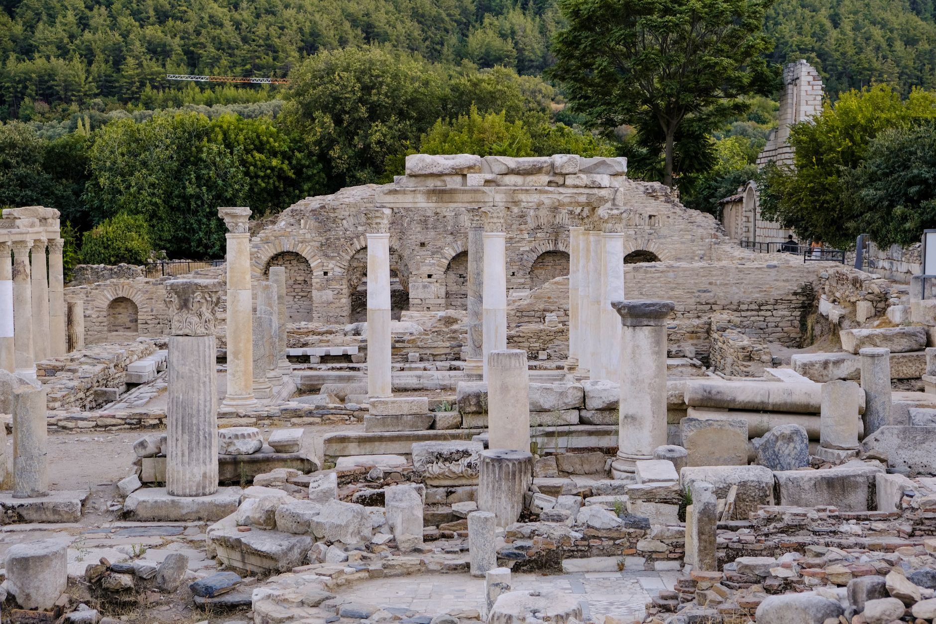 Ruins of ancient Ephesus featuring stone columns and structures surrounded by trees.
