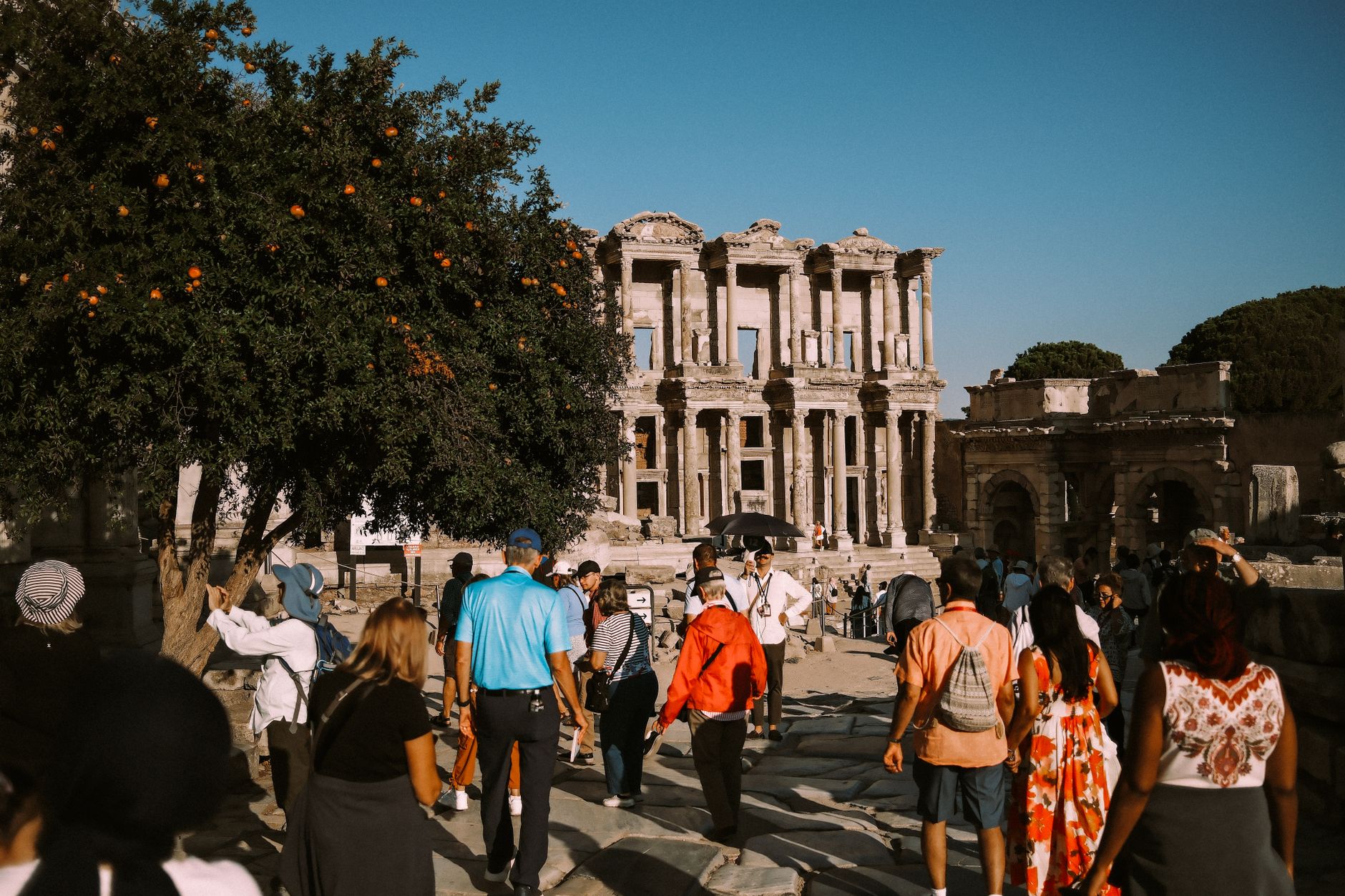Efes'teki antik kalıntıları, tarihi mimari ve canlı yeşilliklerle çevrili olarak gezen ziyaretçiler.