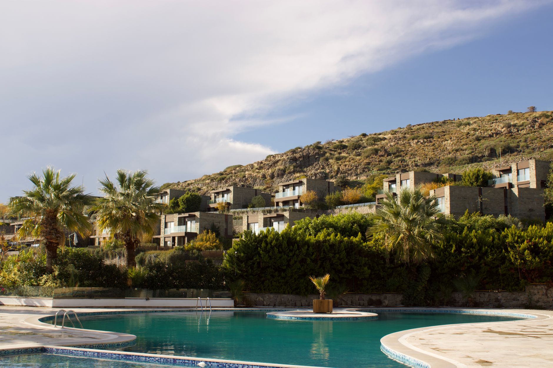 Infinity pool surrounded by palm trees, with modern hotel rooms and hills in Bodrum.