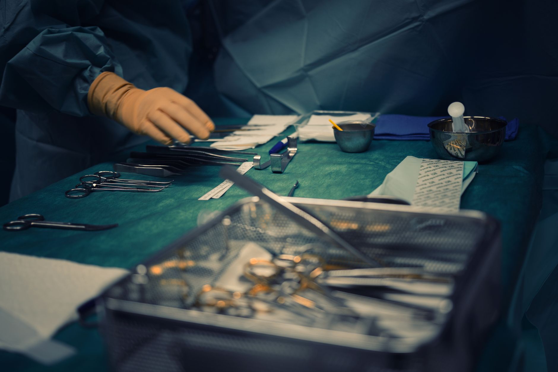 Close-up of a surgical setup with sterile instruments in a Turkish hospital.