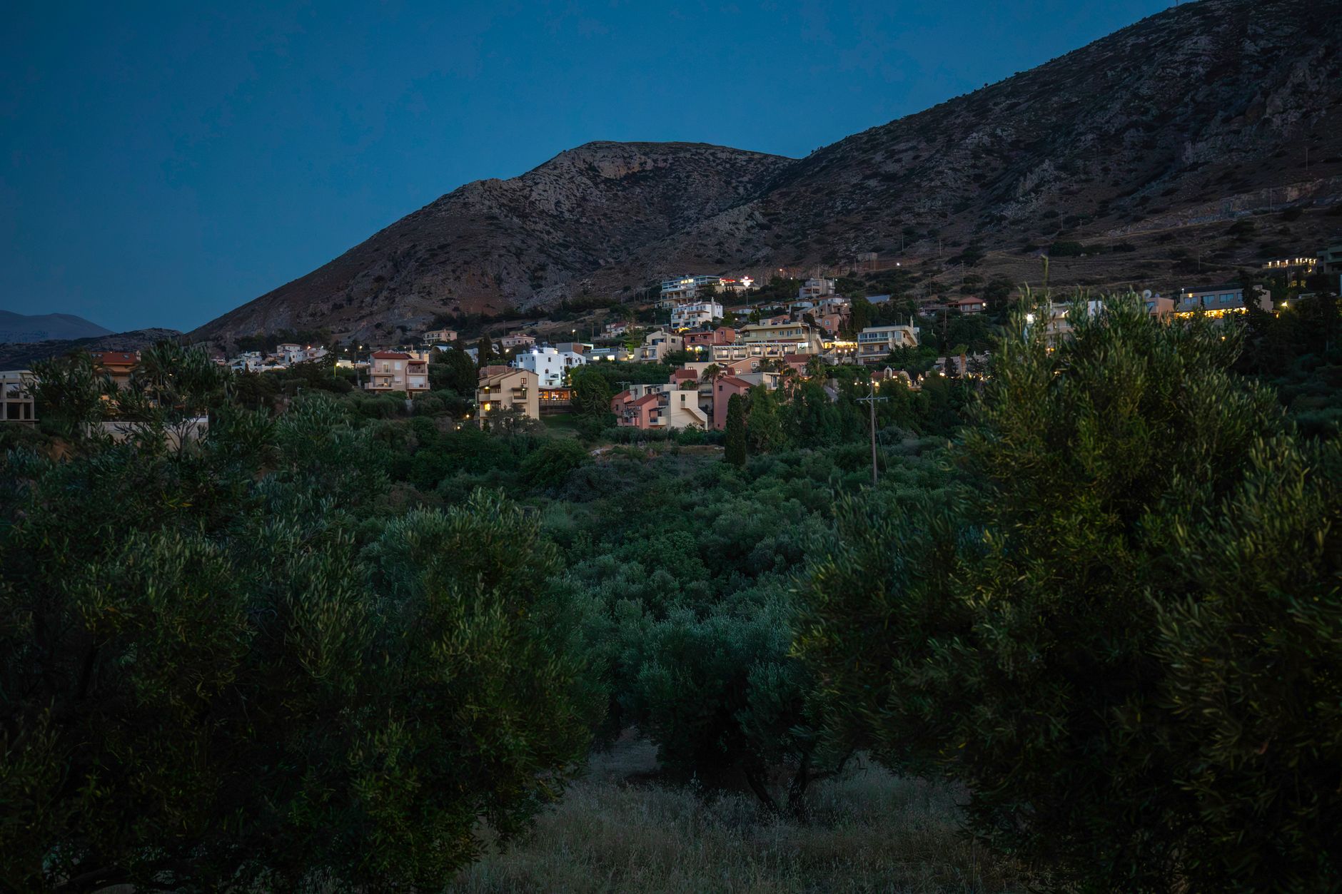 A tranquil Aegean landscape showcasing olive groves and a quaint village nestled in the hills at dusk.