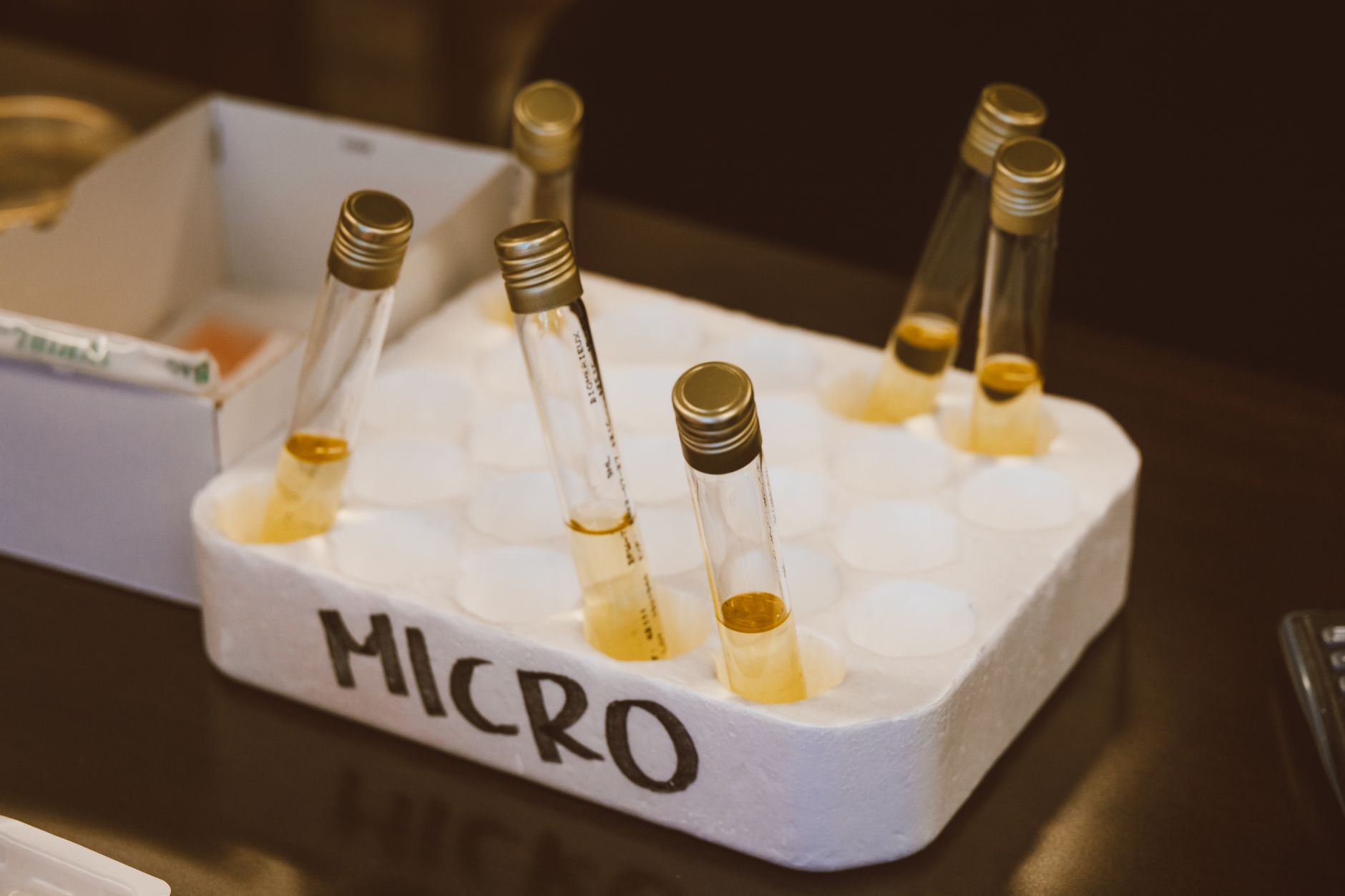 Test tubes in a lab for urine and blood analysis at a metabolic stone clinic.