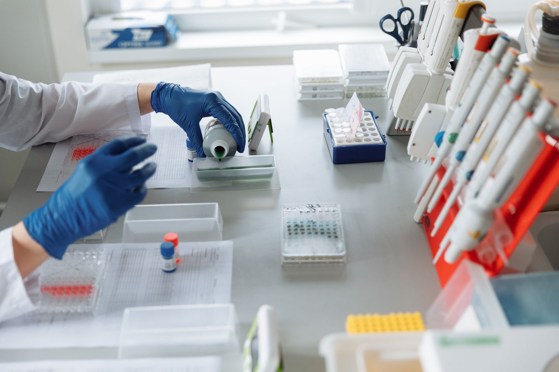 Technician in blue gloves analyzing samples in a modern laboratory.