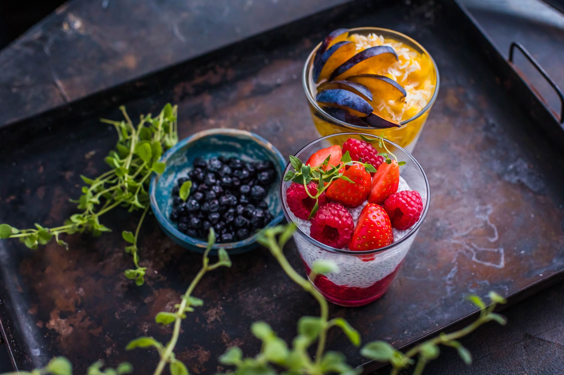 A hospital meal tray featuring gluten-free fruit desserts with berries, chia pudding, and sliced plums.
