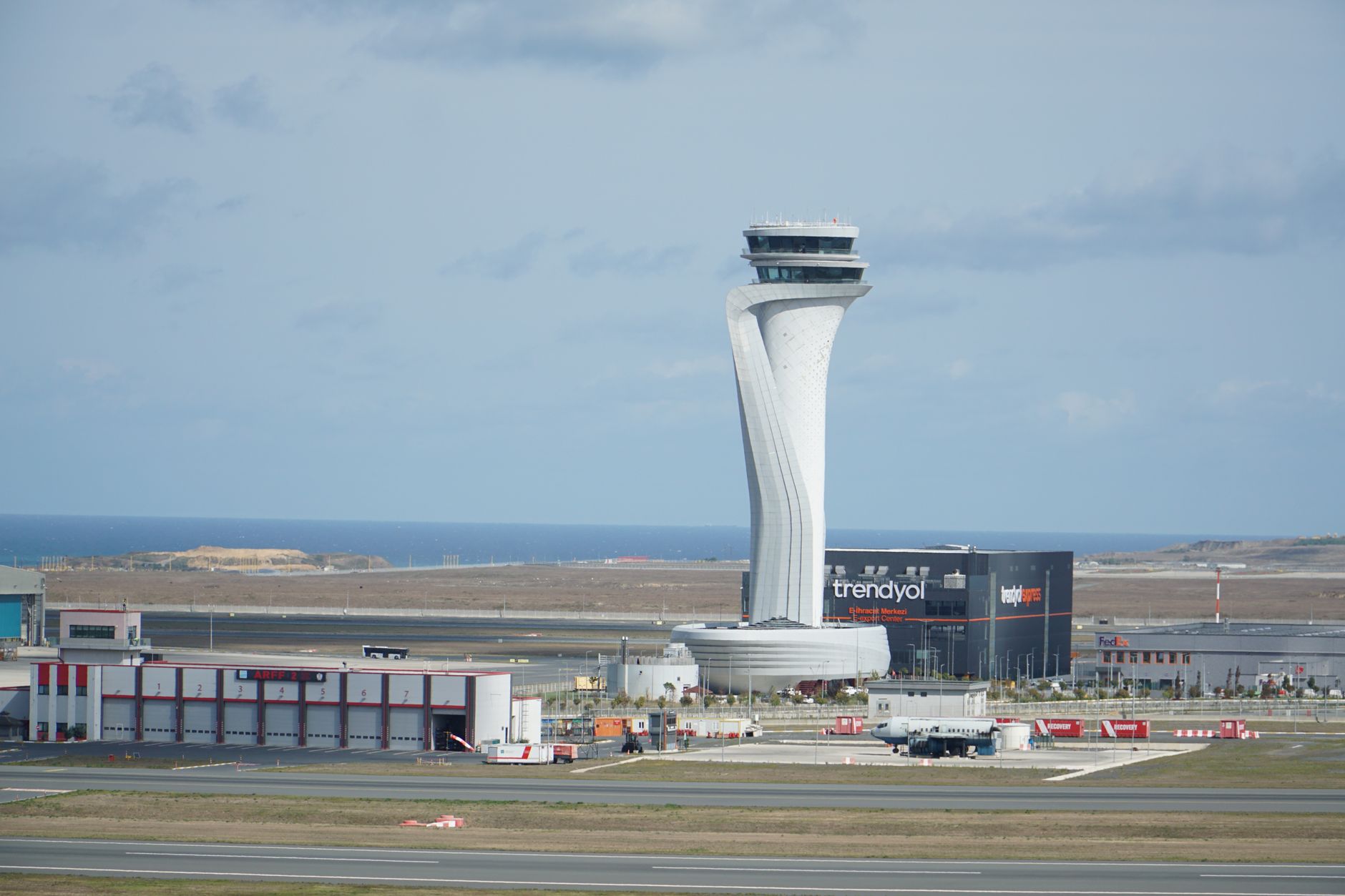 View of Istanbul Airport's control tower and terminal facilities.