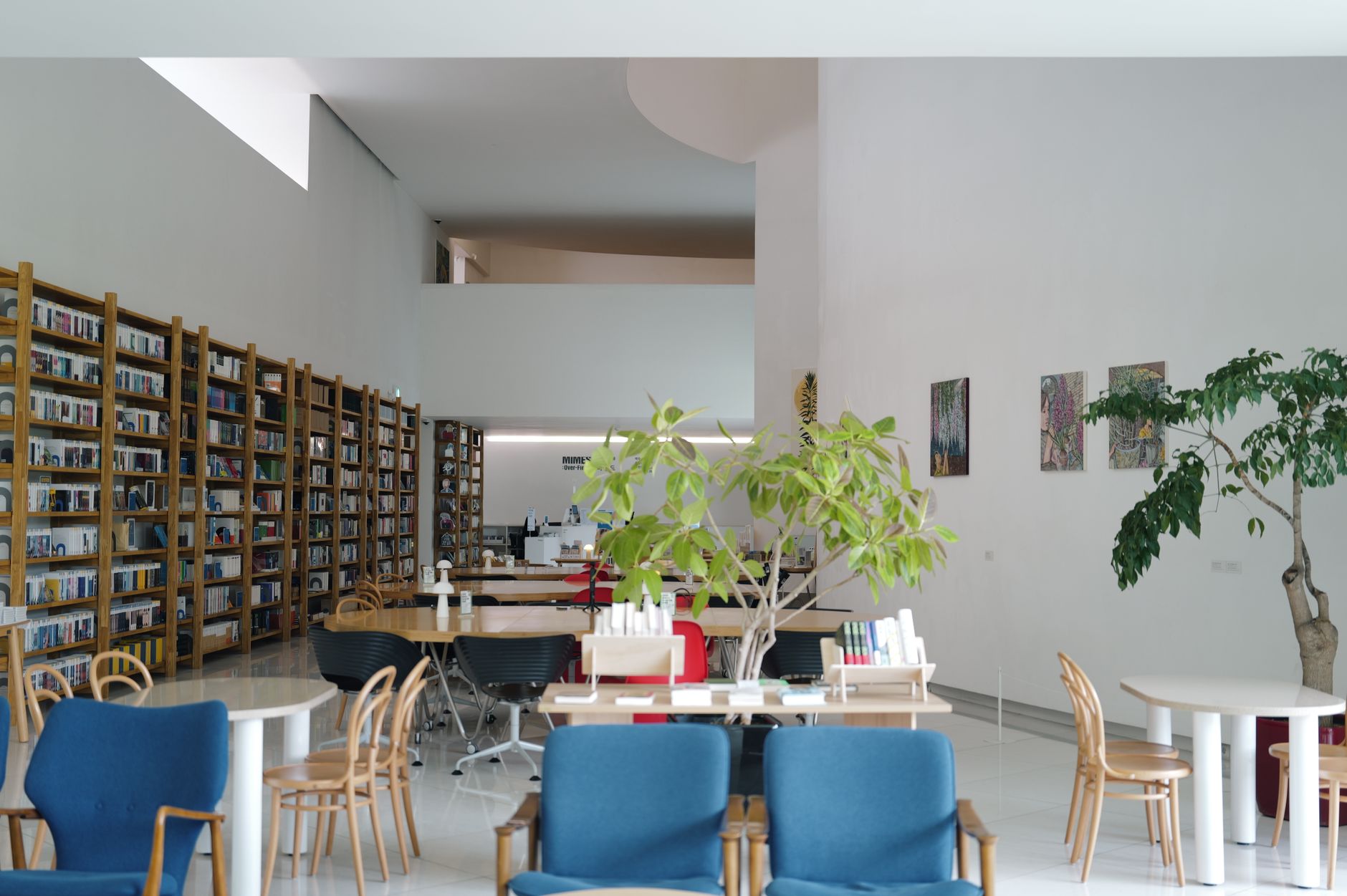 Interior of a modern library in Ankara with bookshelves, seating areas, and greenery.
