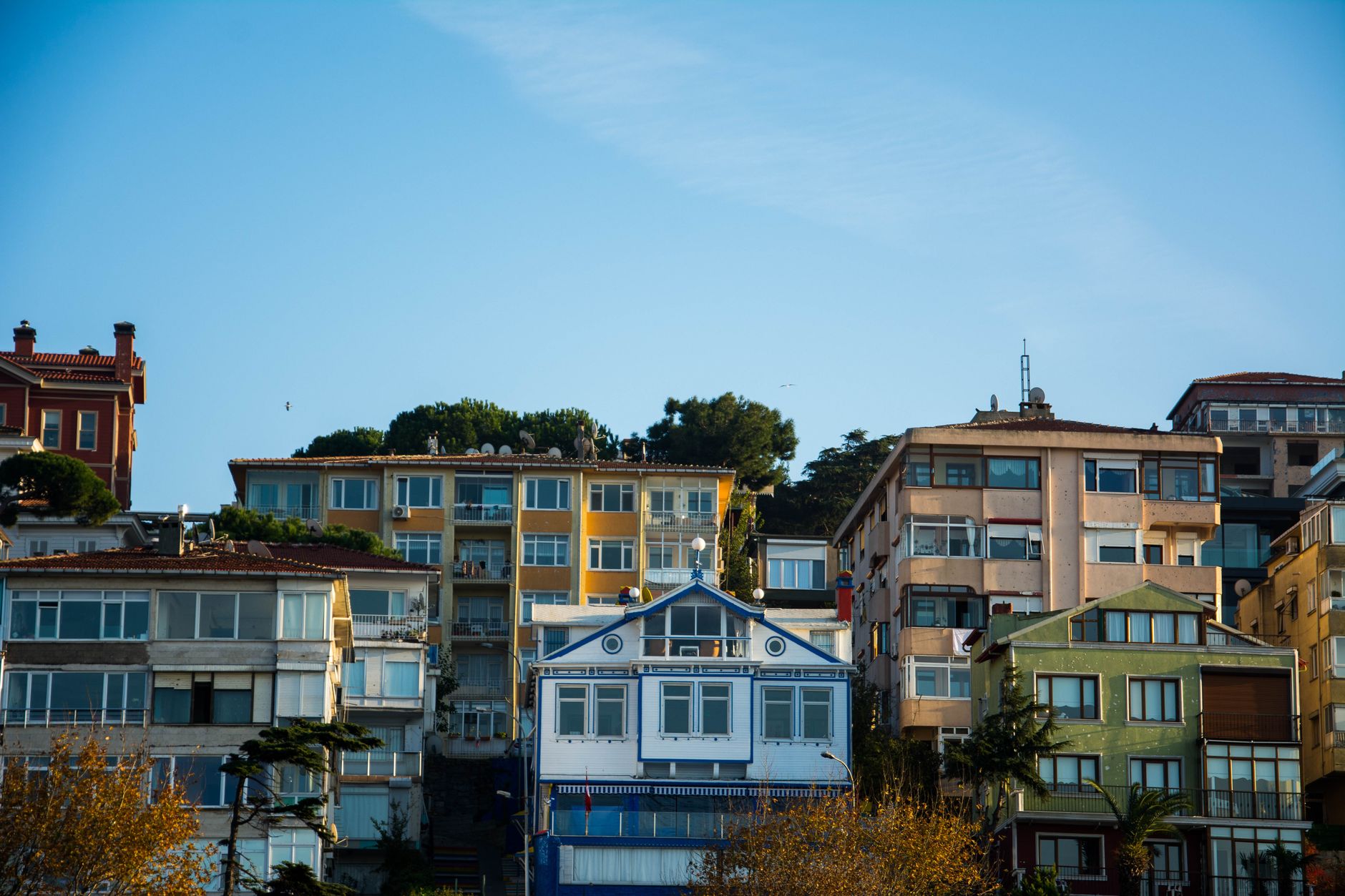 Colorful family-friendly apartments on a sunny day in Istanbul.