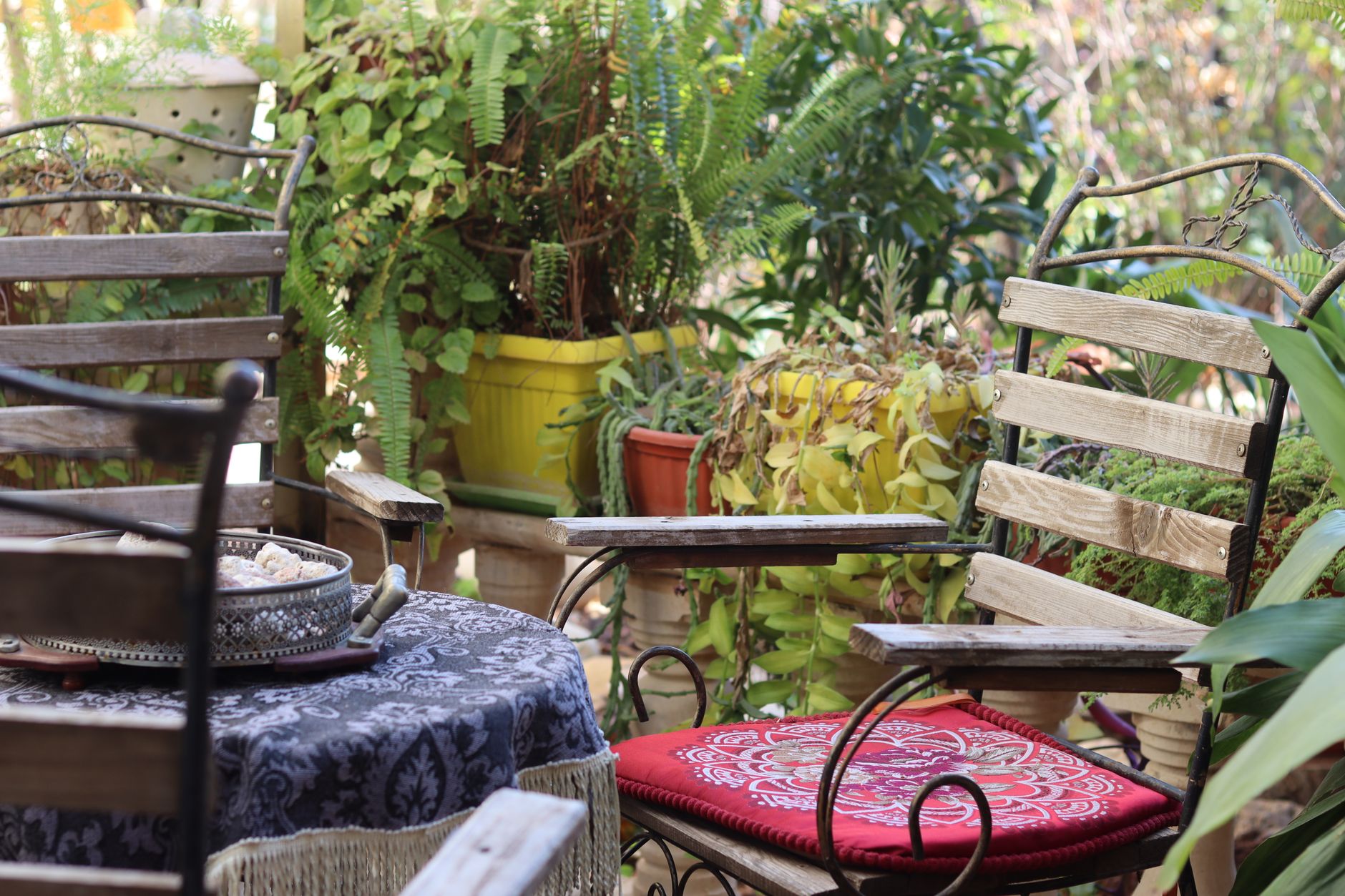A tranquil garden terrace featuring wooden chairs, lush plants, and a decorated table for patient relaxation.