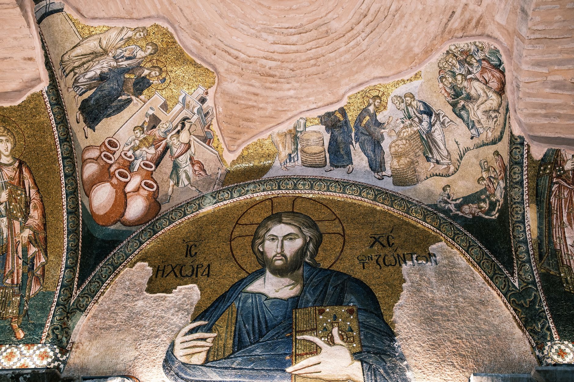 Detailed mosaic artwork depicting biblical scenes in Chora Church, Istanbul.