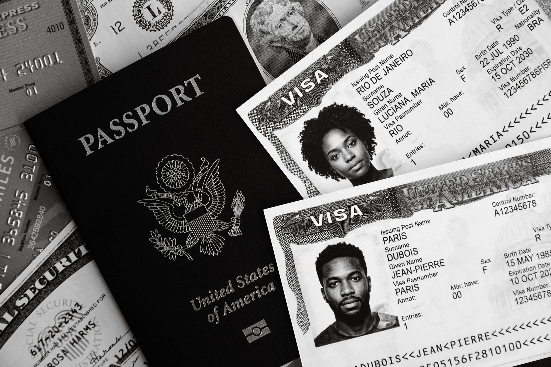 A passport and visa documents showing personal details and currencies, illustrating the visa application process.