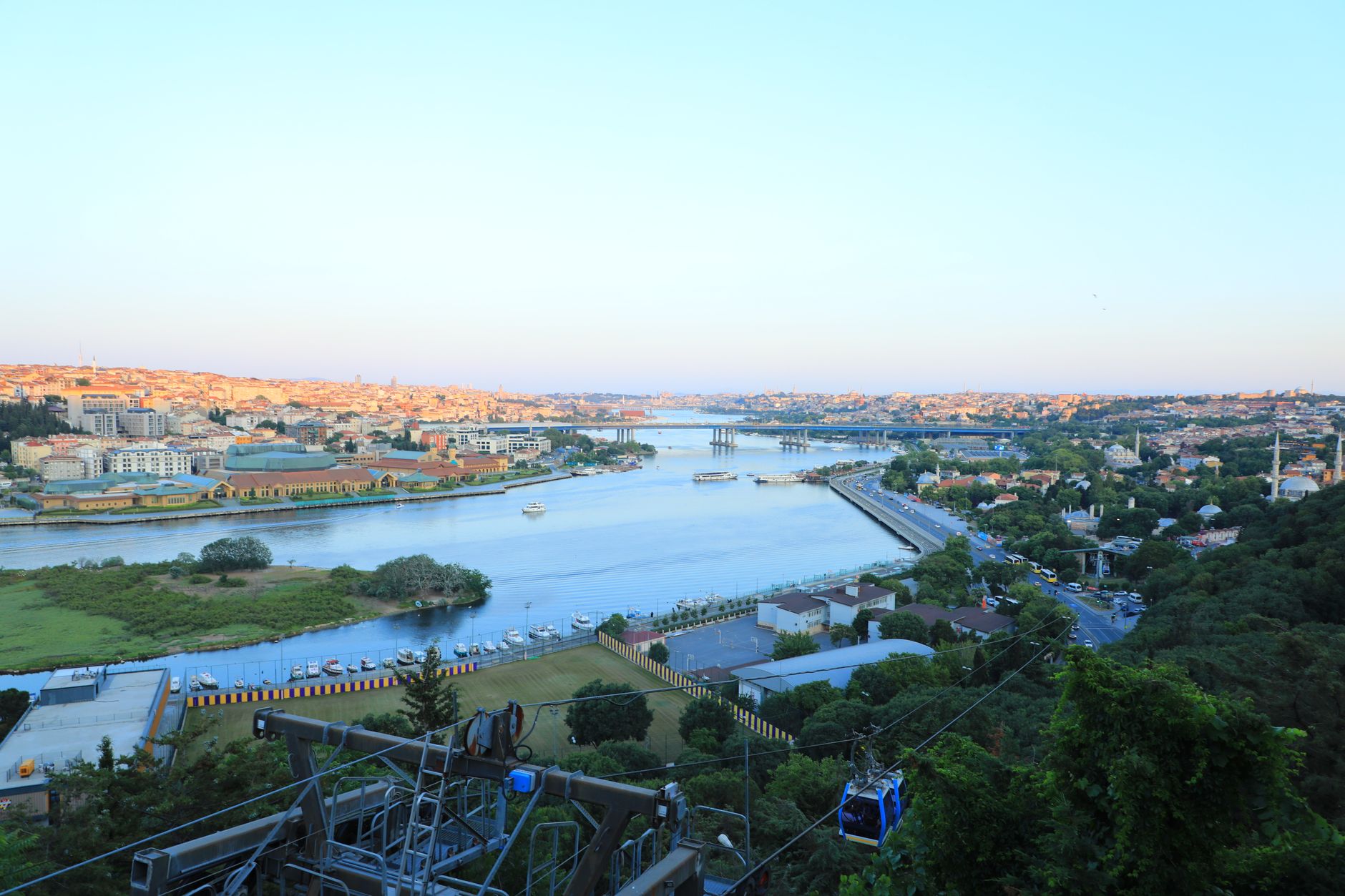 Panoramic view of the Golden Horn with a cable car in foreground, Istanbul.