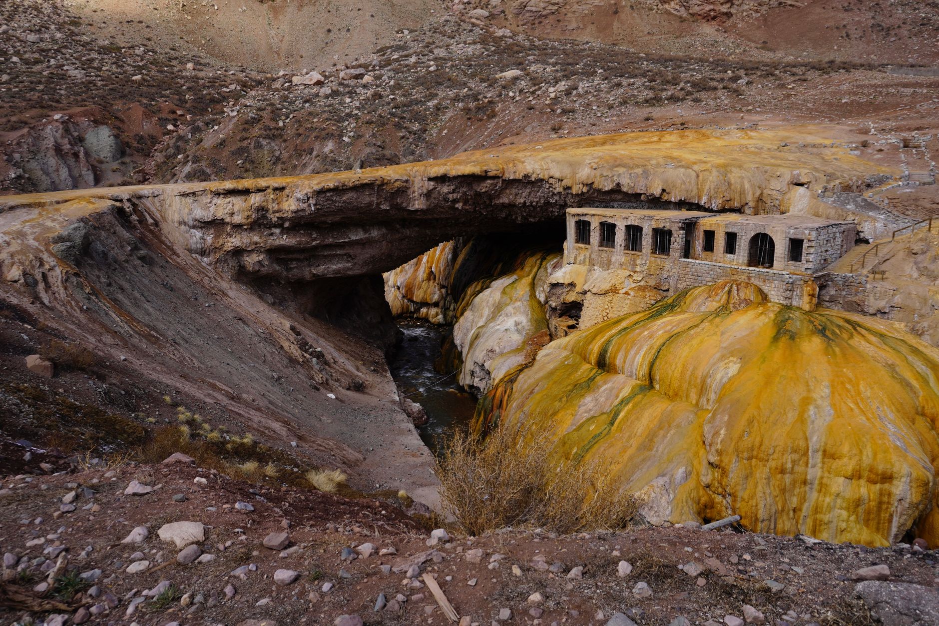Unique rock formations and mineral deposits at Karahayıt thermal springs.