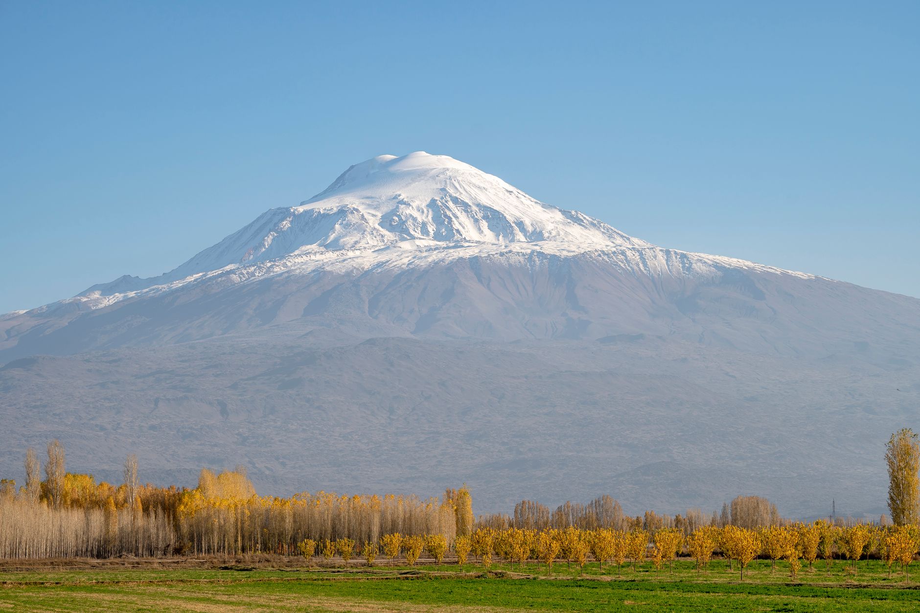 Panoramic view of a majestic snow-capped mountain in Eastern Türkiye, framed by autumn foliage.
