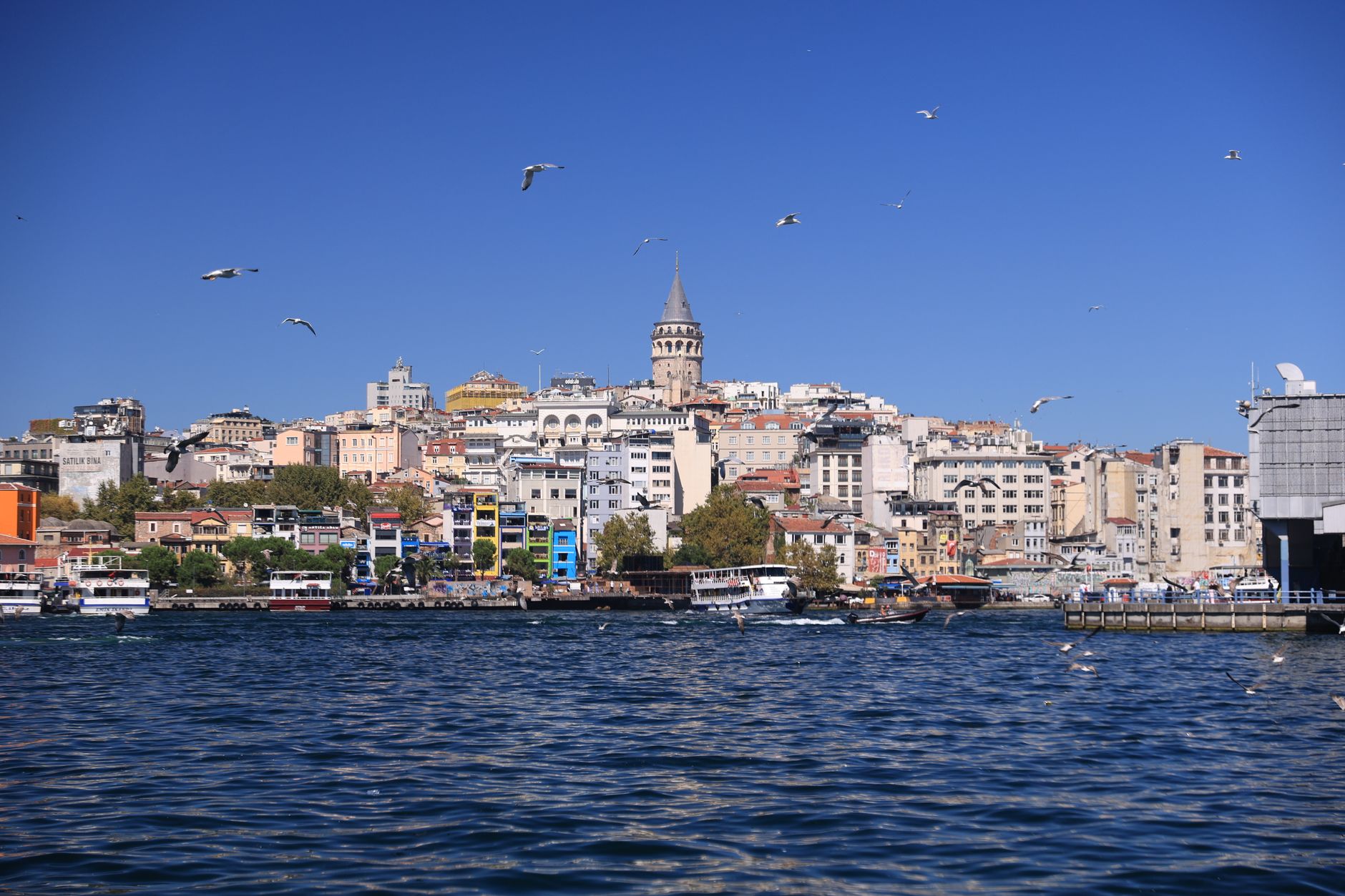 A picturesque view of Istanbul featuring Galata Tower, blue waters, and birds in the sky.